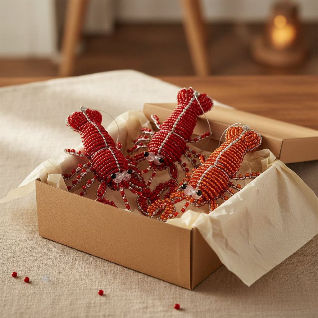 Beaded lobster ornaments set of 3 in gift box with tissue paper