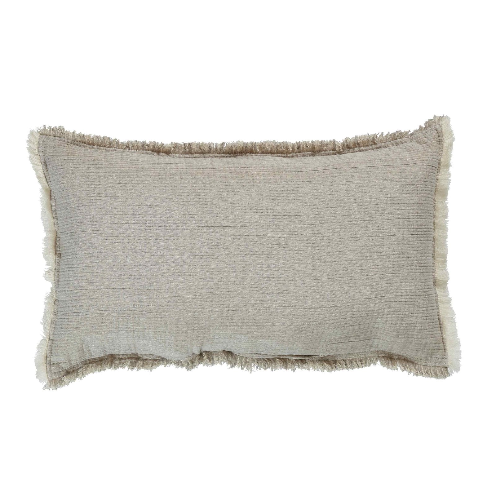 TP-102-1426_1|Stylish rectangular beige decorative pillow with playful fringe trim, perfect for modern and bohemian bedroom decor. Soft, textured accent.