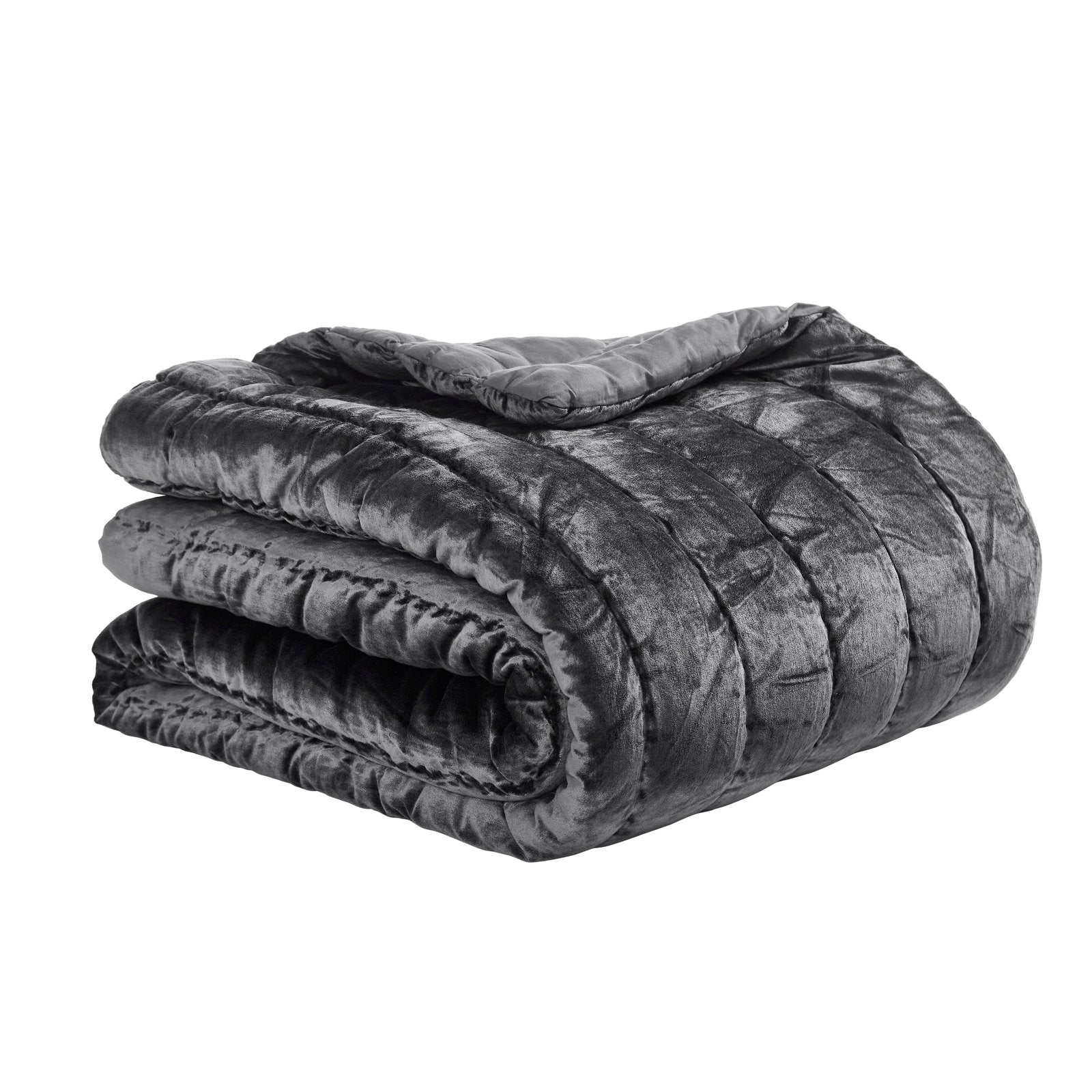 QT-338-9496-LOT1_5|Soft, folded dark grey velvet quilt with a unique horizontal gathered pattern, perfect for adding texture and warmth anywhere.