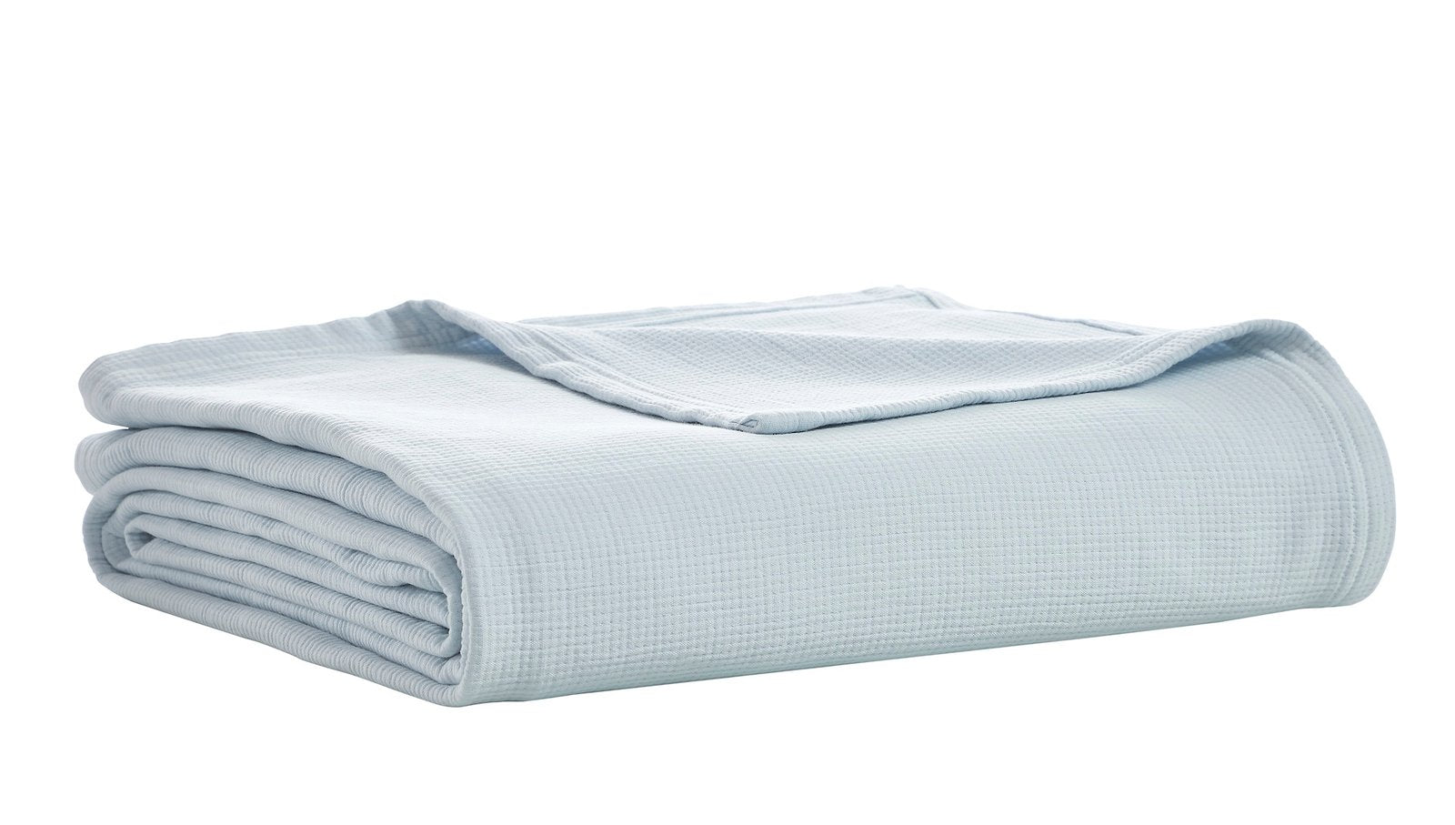 BL-859-11096_6|Soft light blue waffle weave cotton blanket, neatly folded. Cozy, breathable, ideal for all seasons and stylish layering on any bed.