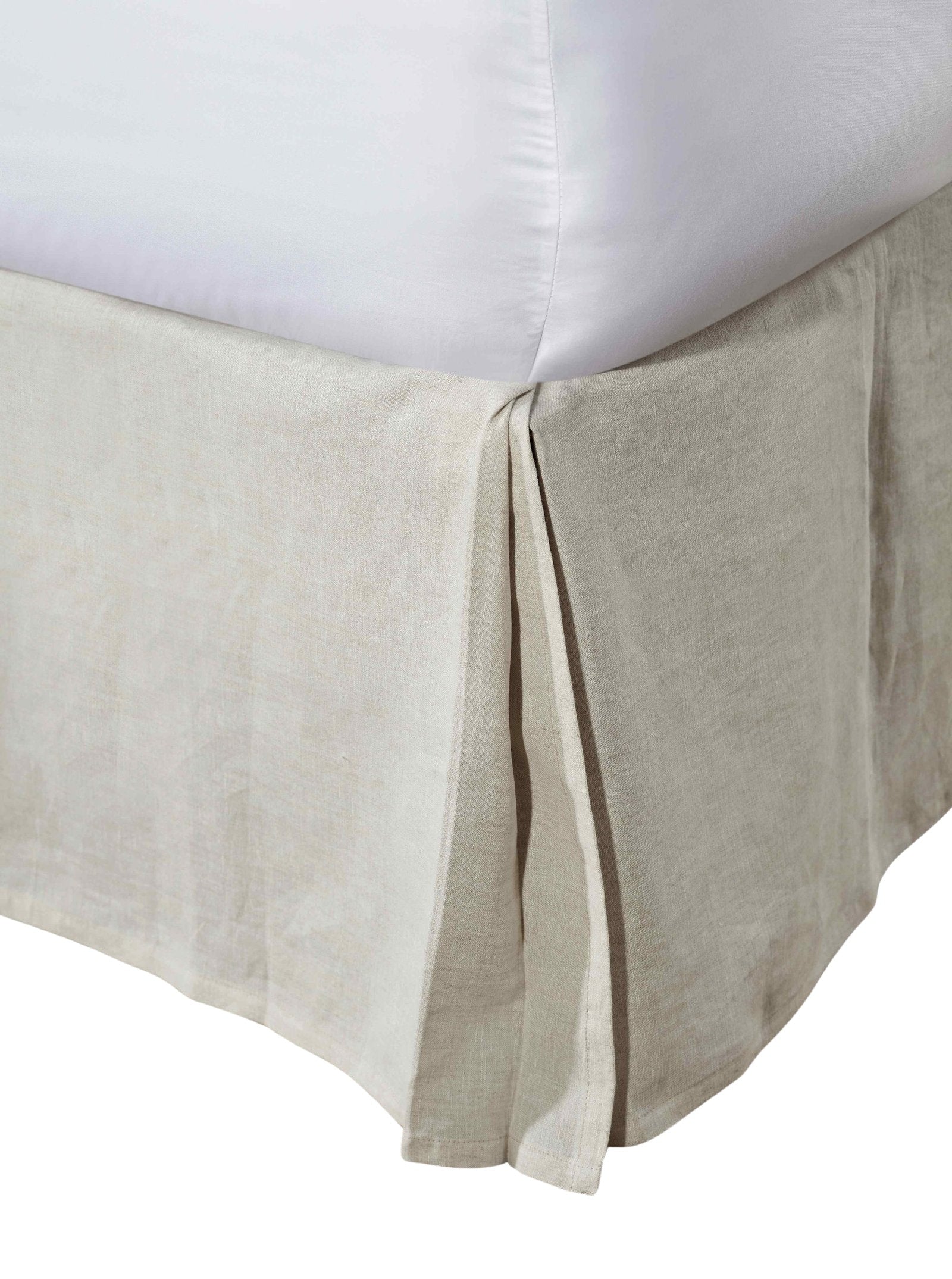 BS-101-X_2|Classic white linen bed skirt with neat pleats on a full bed, creating an elegant and finished look for bedroom.