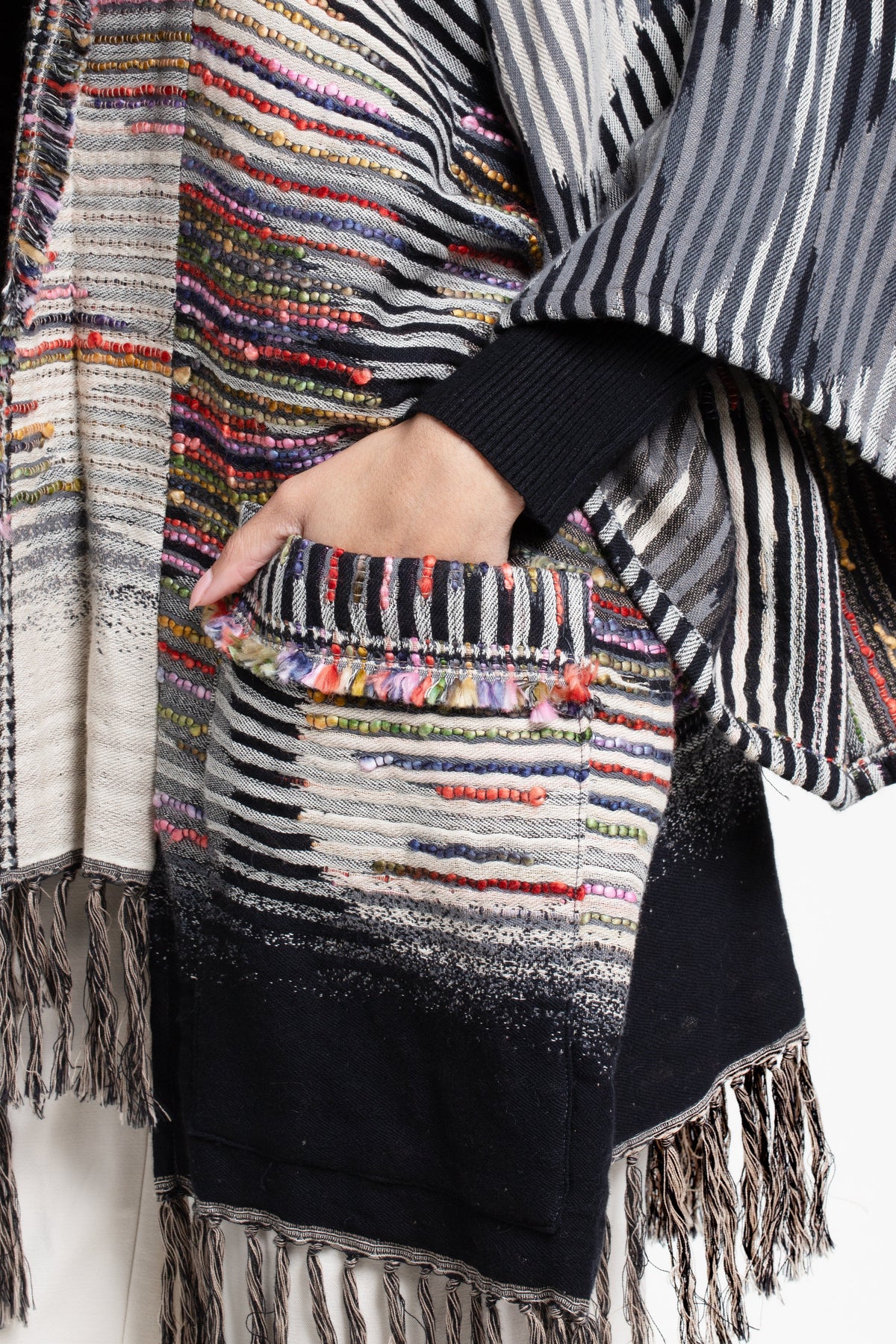 Cotton Fringe Embellished Kimono Jacket - Black