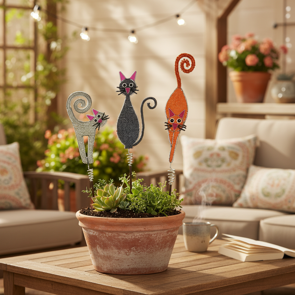 Handcrafted Beaded Cat Garden Stakes in Terracotta Pot on Backyard Patio