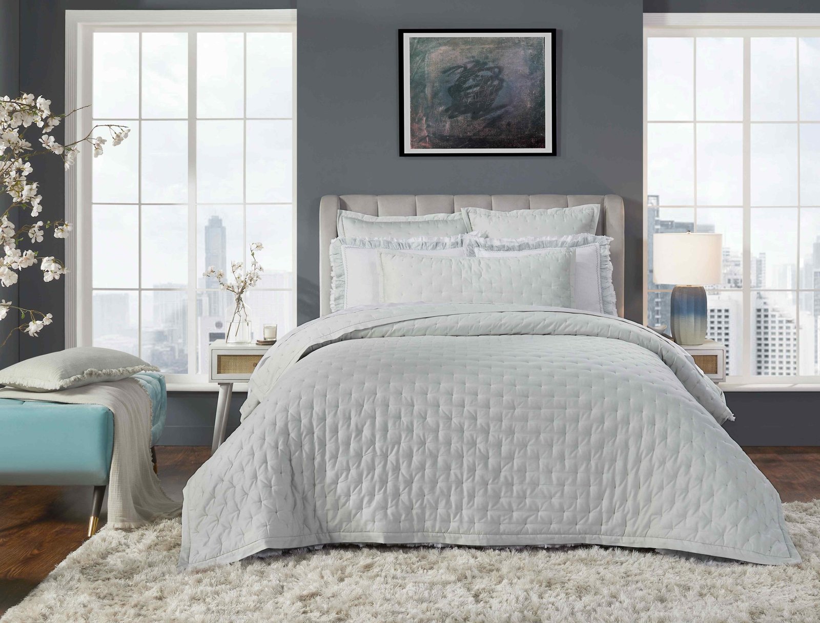 QT-351-9496_1|Soft sage green quilted bedspread with subtle diamond stitching, offering a tranquil and sophisticated look for bedroom serenity.