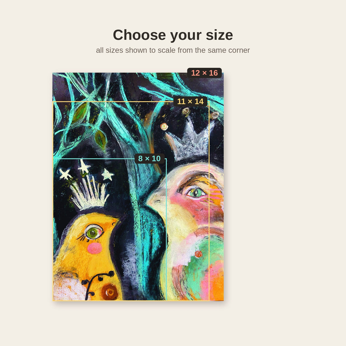 Choose your size: New Friend bird art print available in 8×10, 11×14 and 12×16