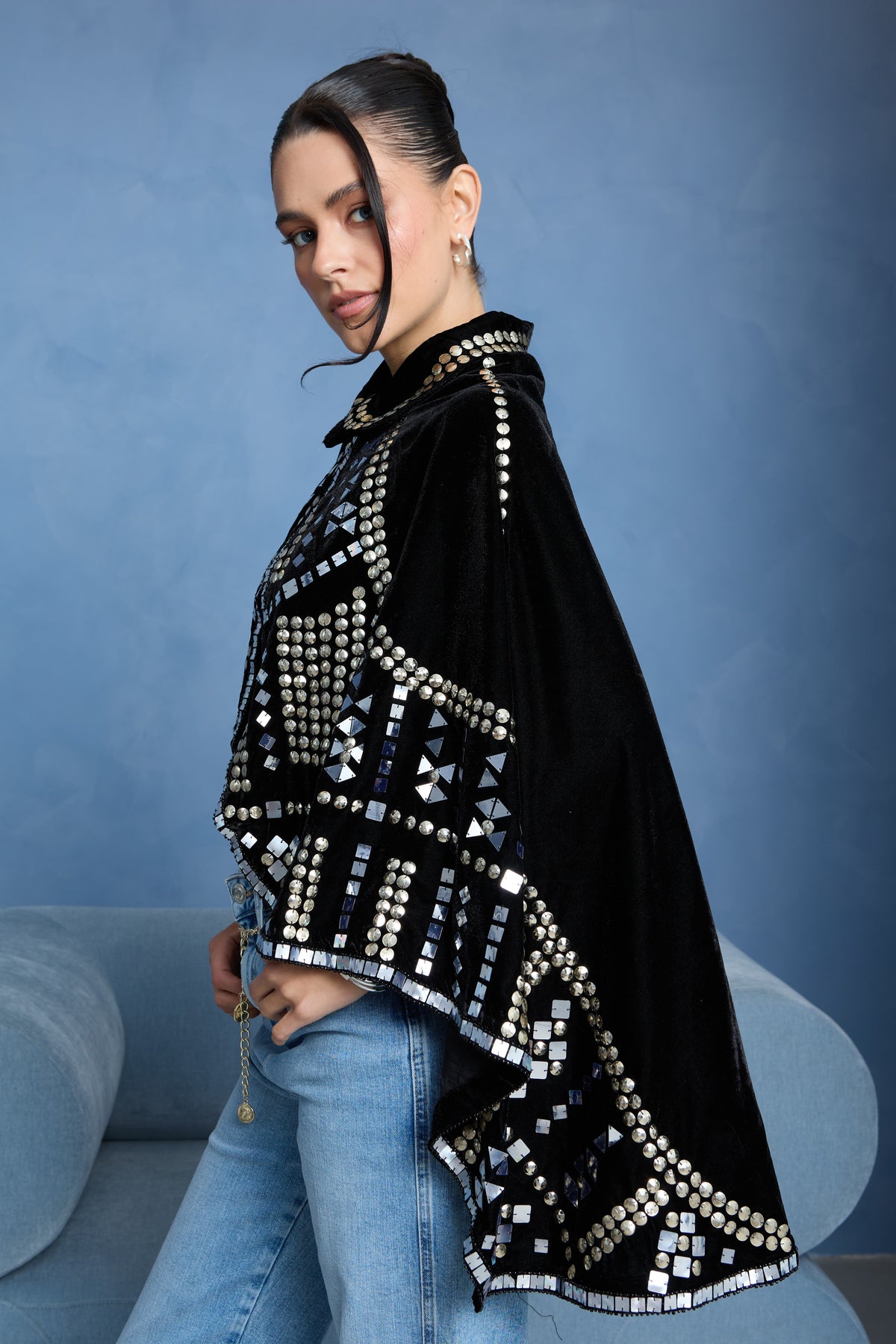 Black Velvet Embellished Capelet - Black