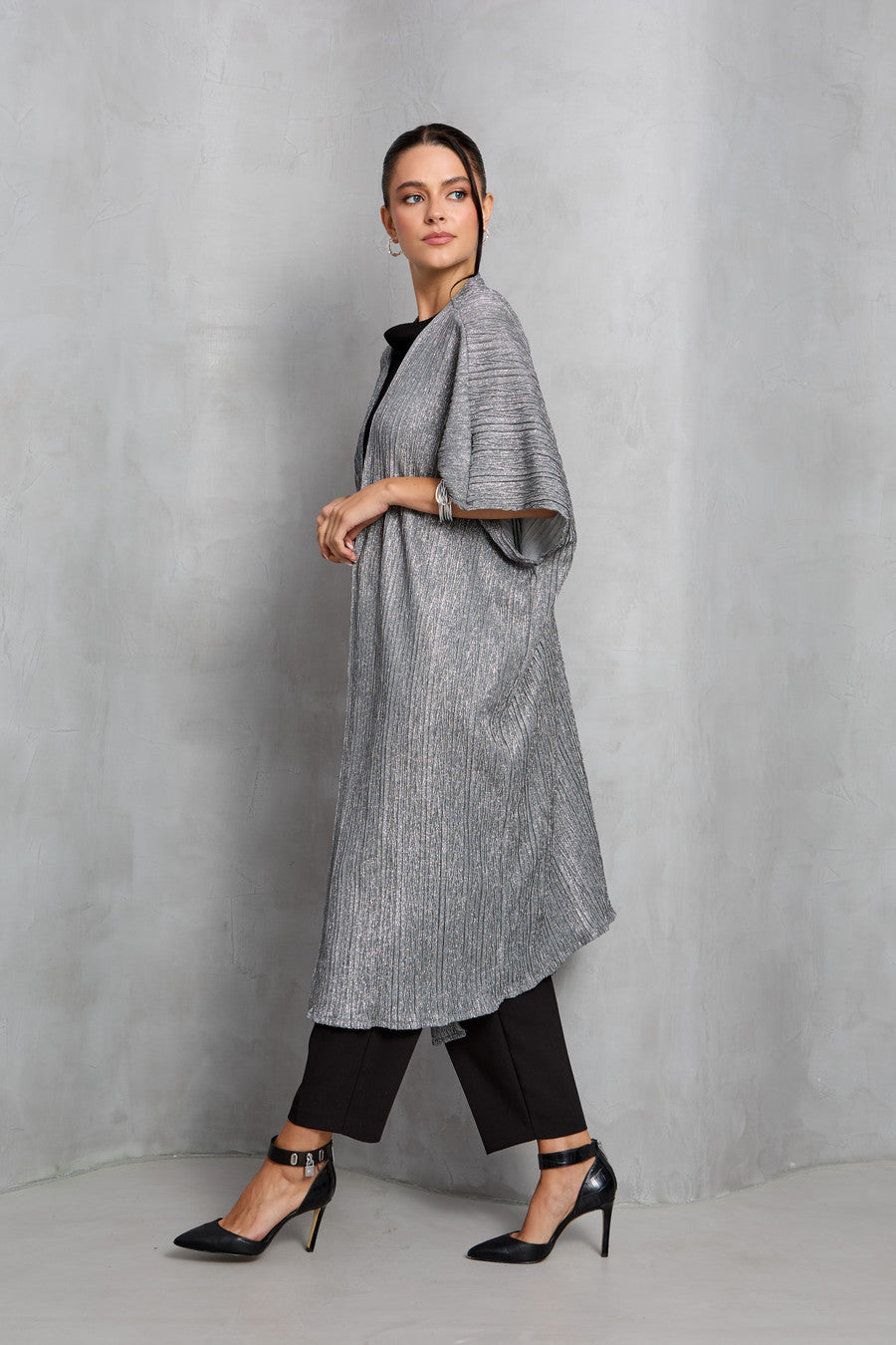 Pleated Metallic Kimono - Gunmetal