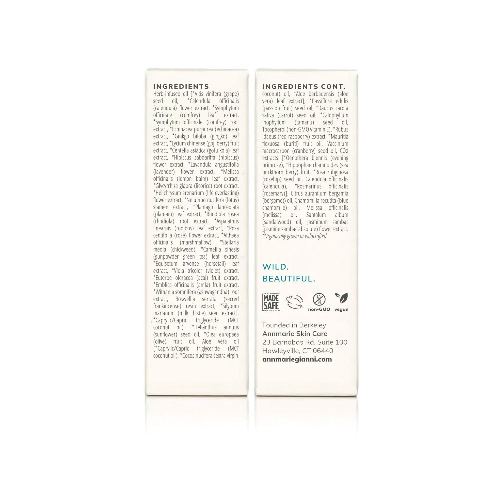 Herbal Facial Oil ingredient list showing botanical extracts, plant oils, and organic skincare ingredients on product packaging.
