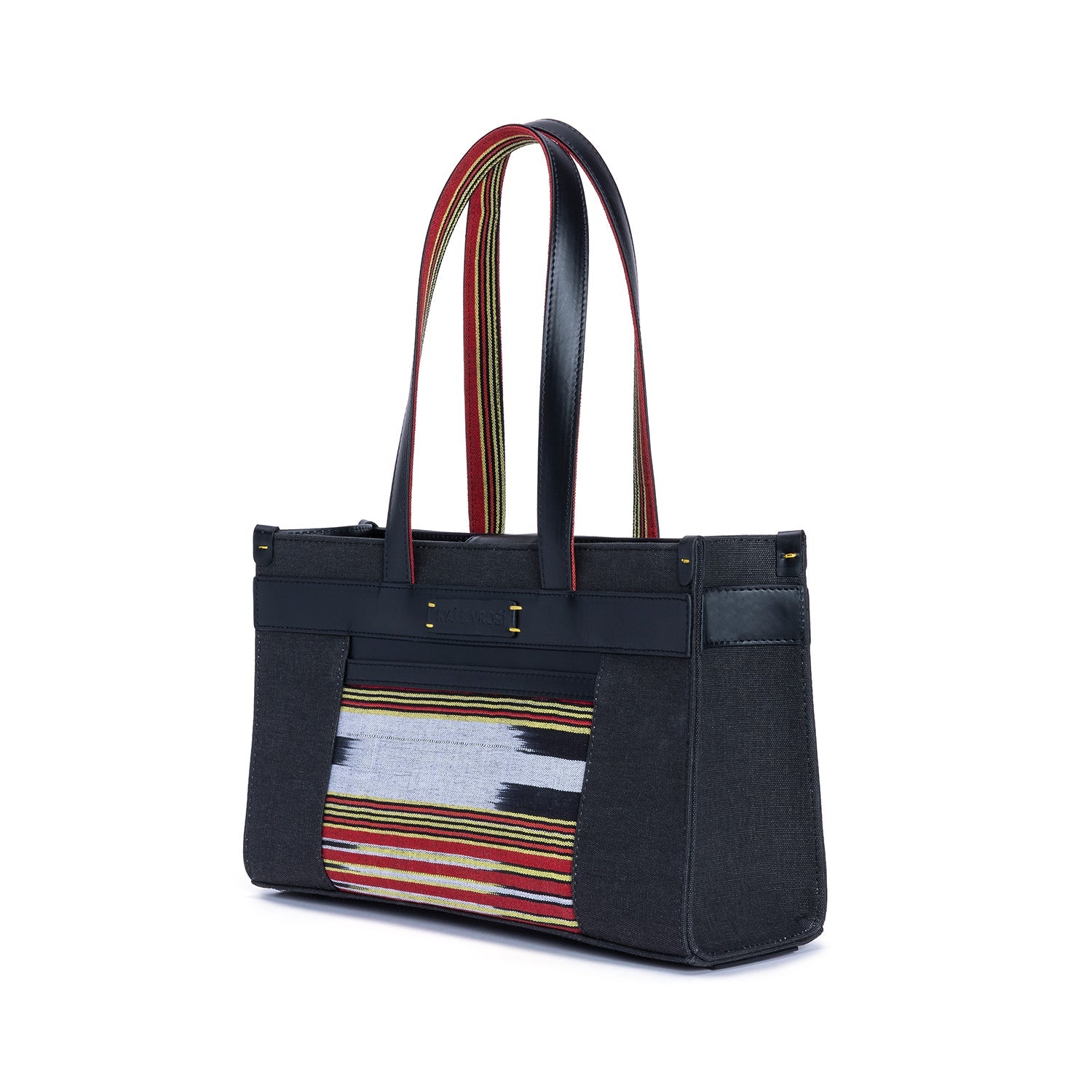 Midi Black Leather & Canvas Tote Bag with Pockets