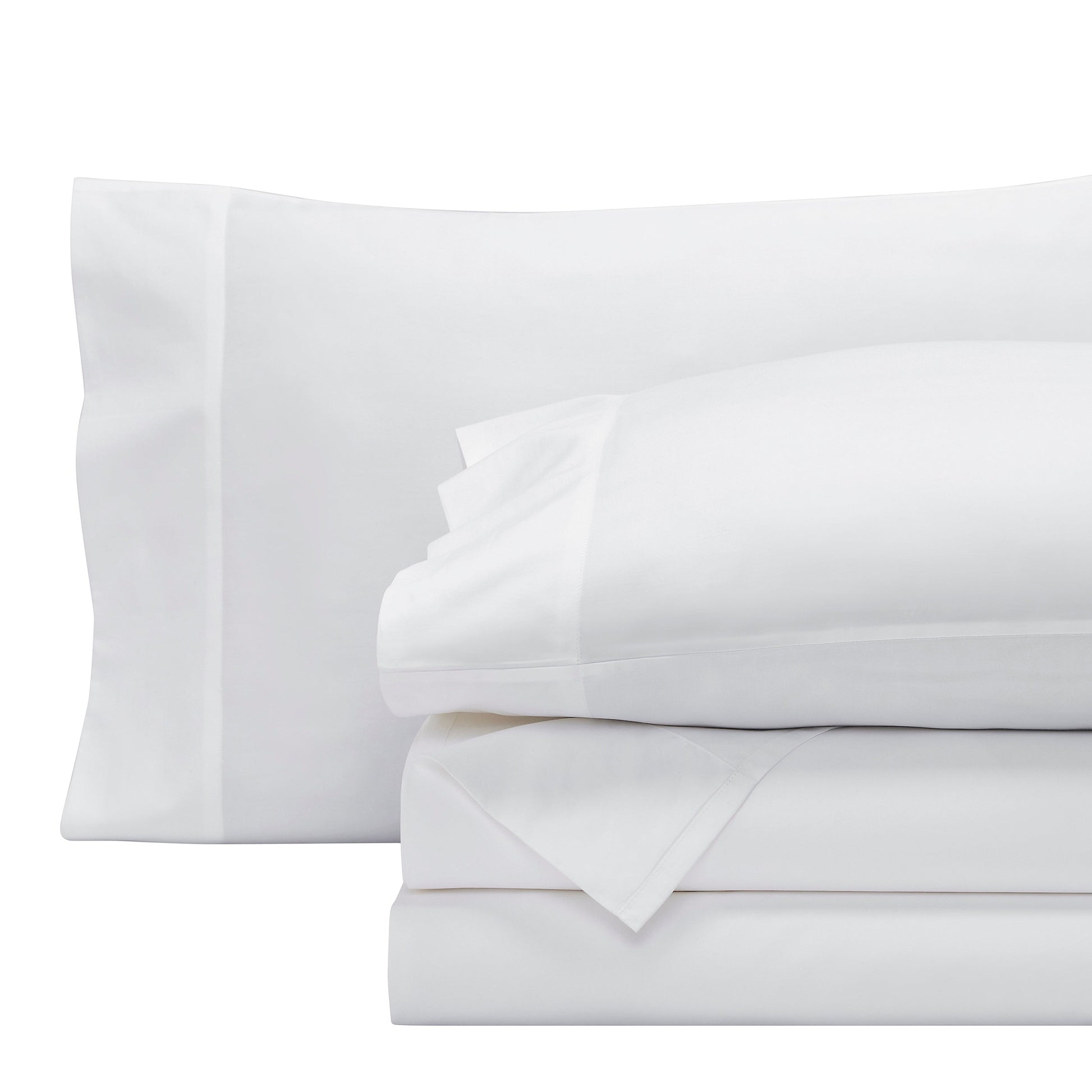 QSS-547-6080_4|Corner view of a crisp white 100% cotton fitted sheet with elastic, showing deep pockets and quality stitching.