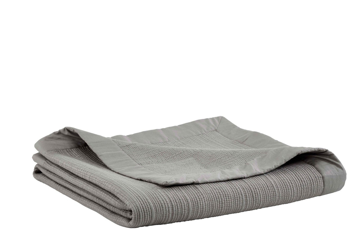 CL-162-11096_3|Folded gray waffle weave coverlet with a smooth satin border, perfect for rustic bedroom decor. Soft, textured bedding.