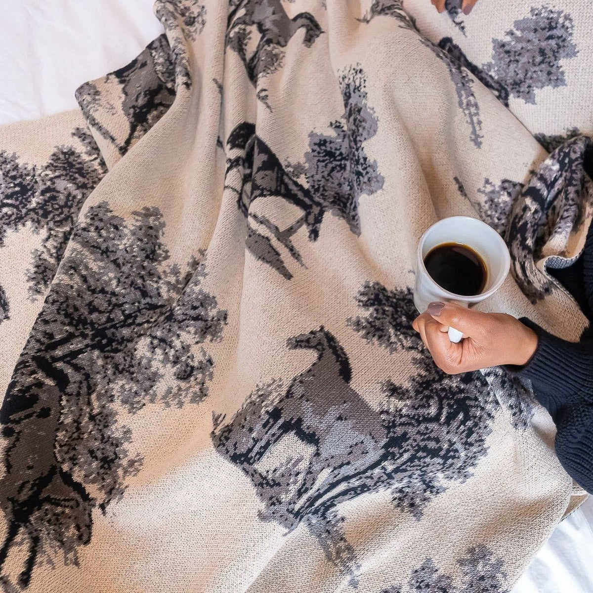 in2green Eco Throw Cotton Sustainable Knit Throw Blanket - Equestrian Toile