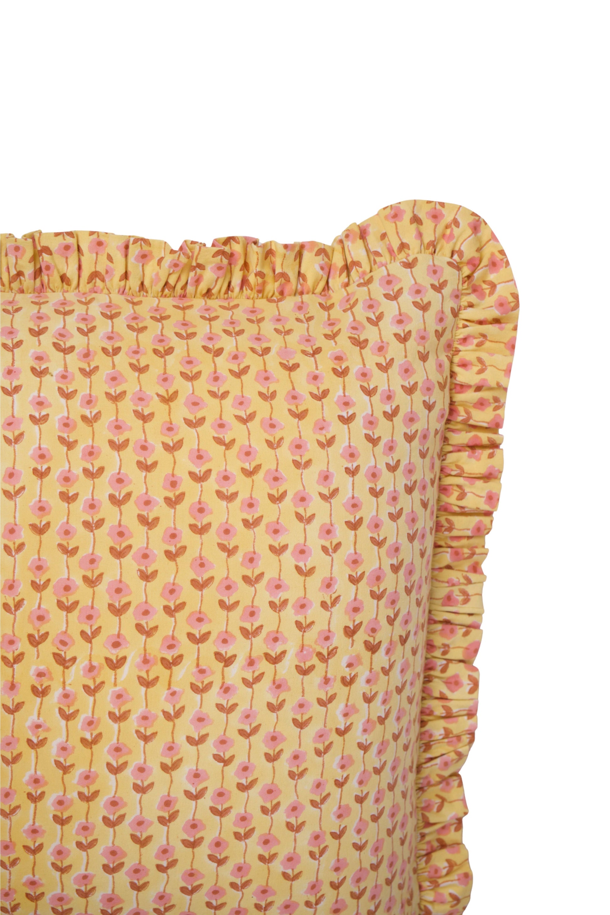 Sunwashed Floral Yellow Ruffle Blockprint Pillow Cover