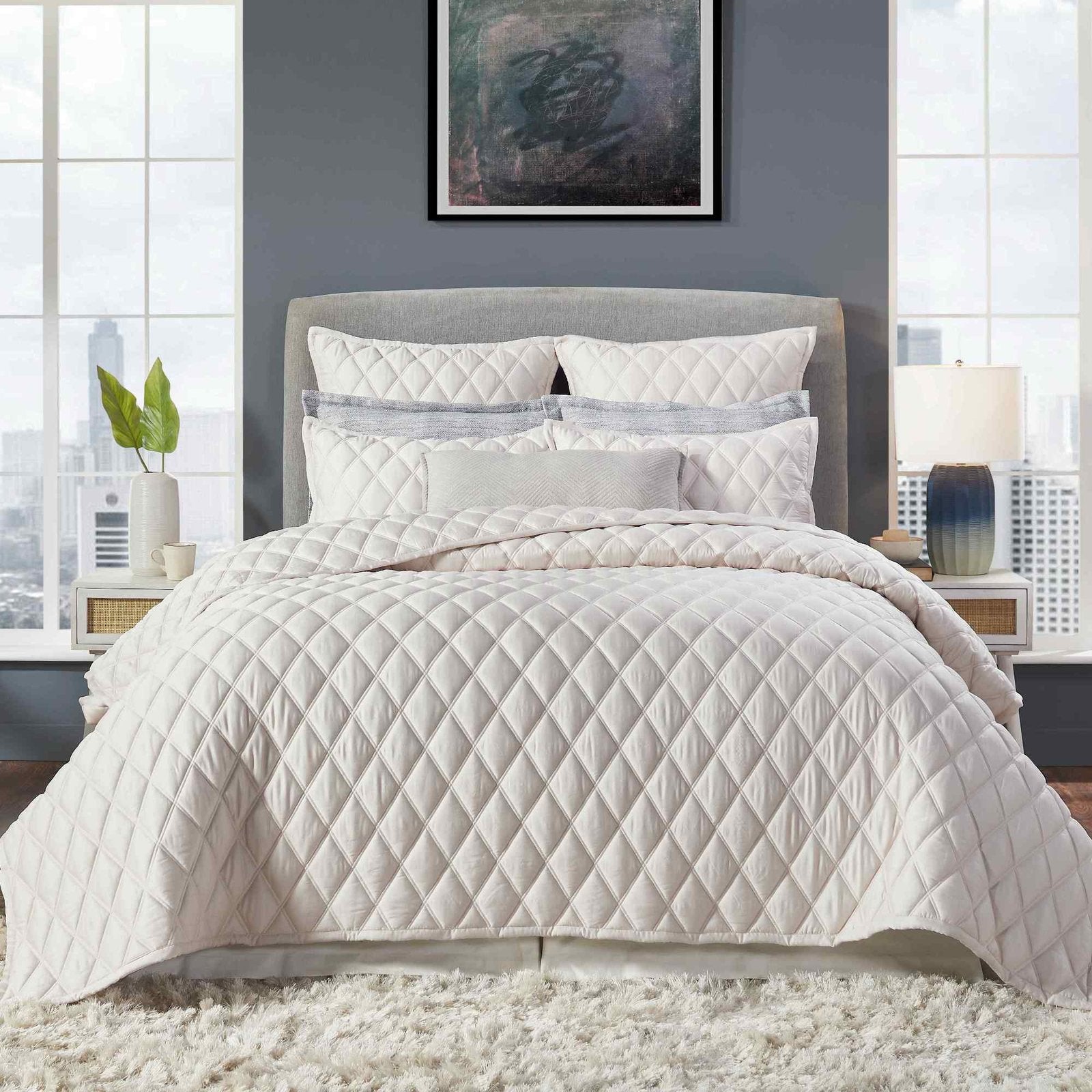 CL-180-9496_1|Cream quilted coverlet on bed in modern bedroom, featuring diamond stitching and cozy design for a stylish sleep.