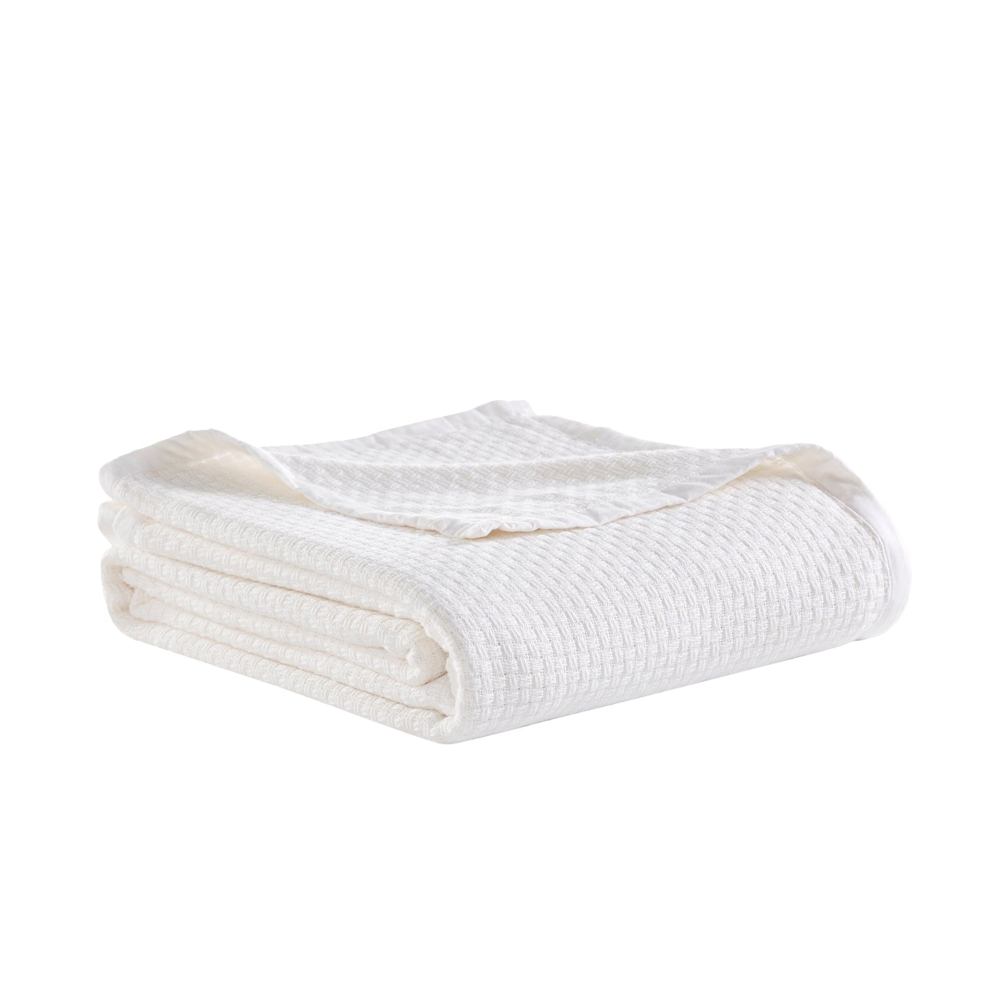 BL-852-11096_3|Neatly folded white waffle weave blanket, crisp and textured, providing comfort and a clean look for any room.