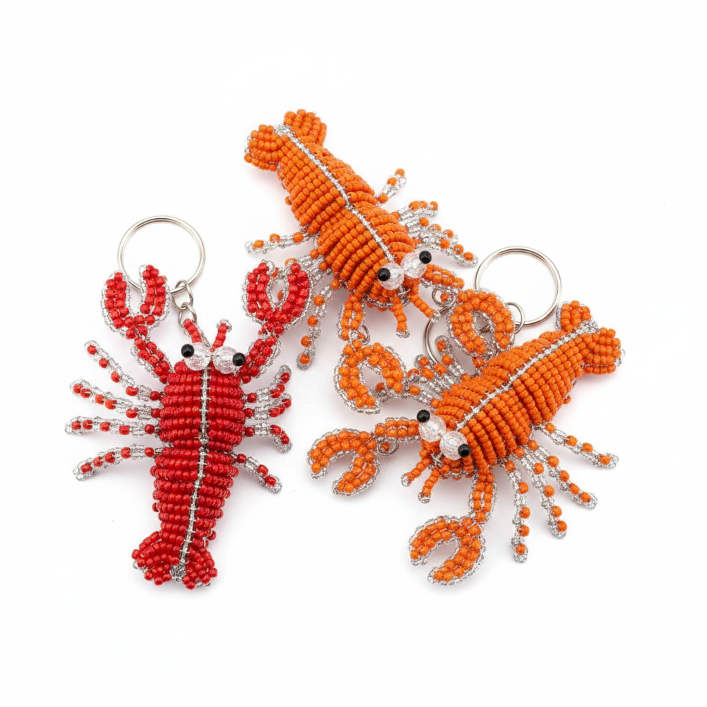 Minimal Lobster Set of 3 beaded keyrings on white background