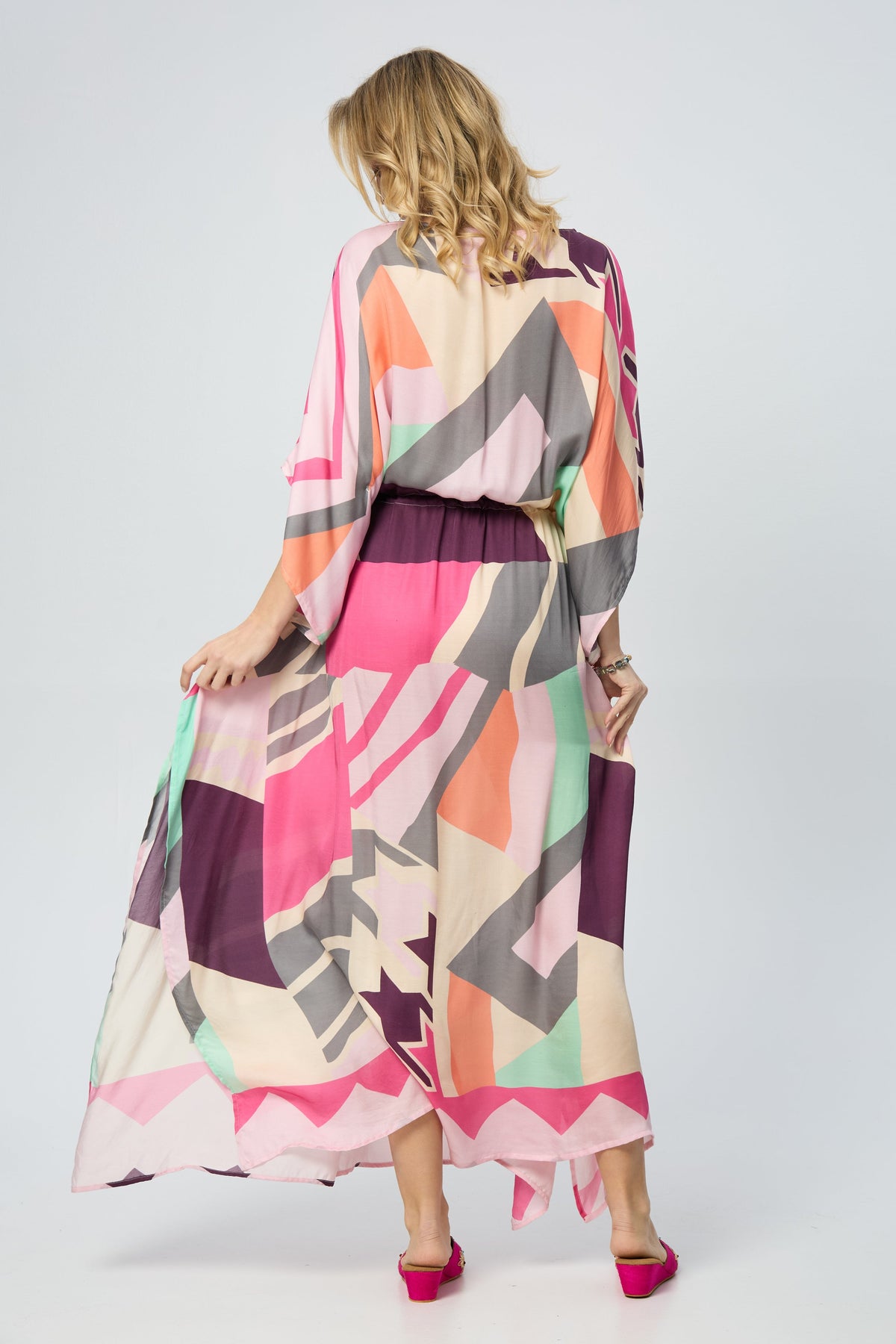 Multicolored Geo Tie Waist Keyhole Kaftan - Pink