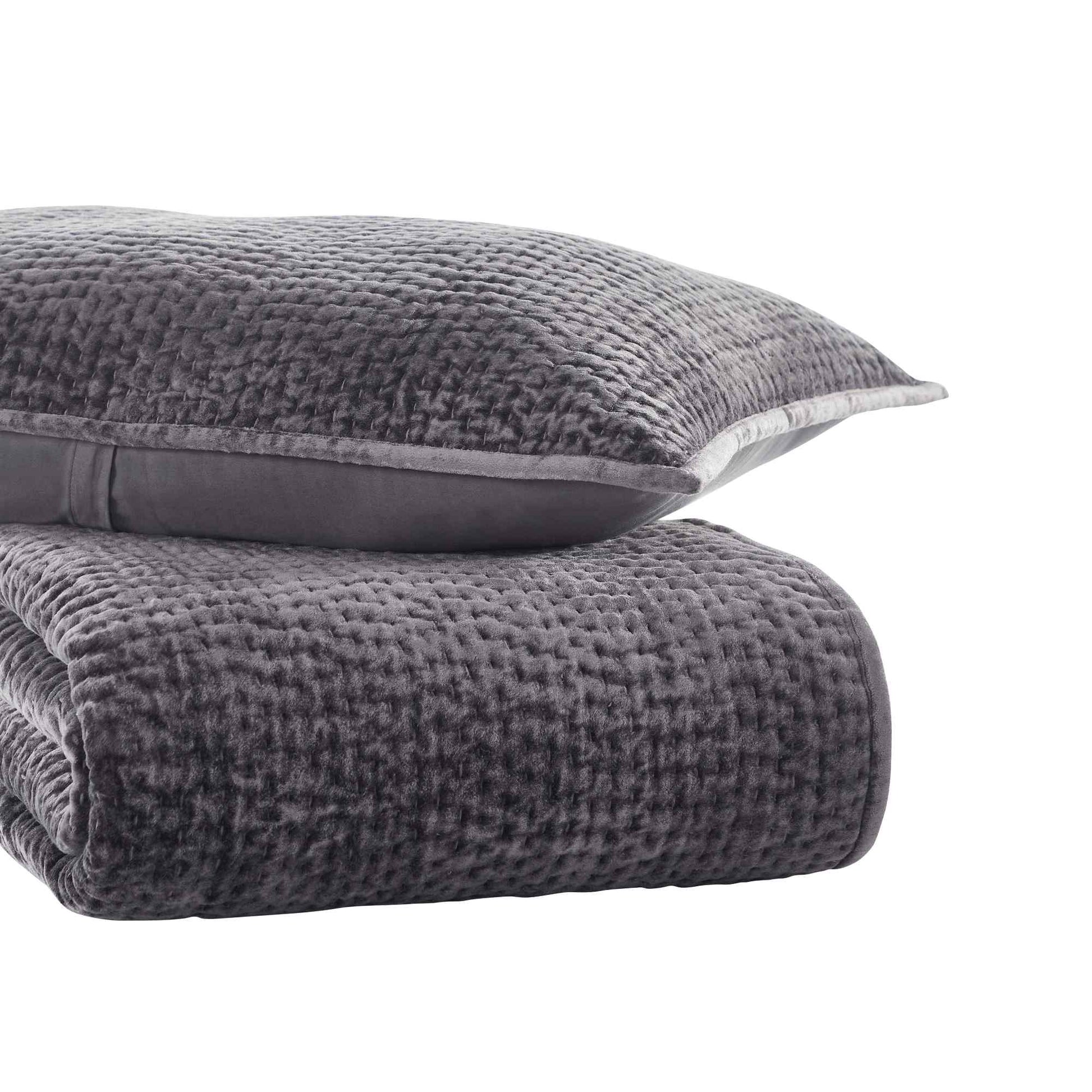 CL-184-9496-LOT1_5|Folded plush charcoal grey textured waffle weave coverlet and matching sham, offering cozy bedding essentials.