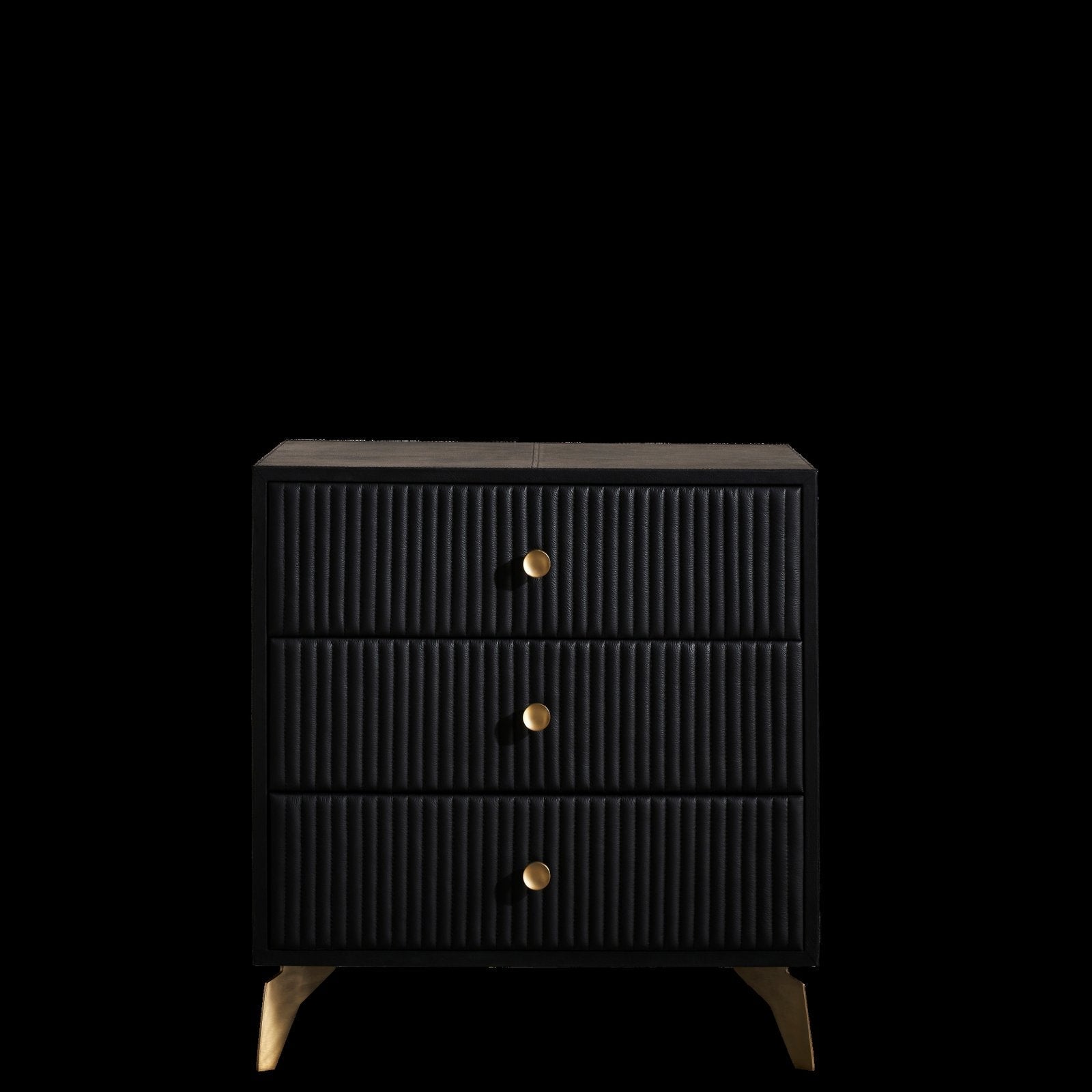 FN-5202-262028_1|Sophisticated black leather 3-drawer nightstand, vertical channel tufting, elegant gold legs. Luxury leather bedroom furniture piece.