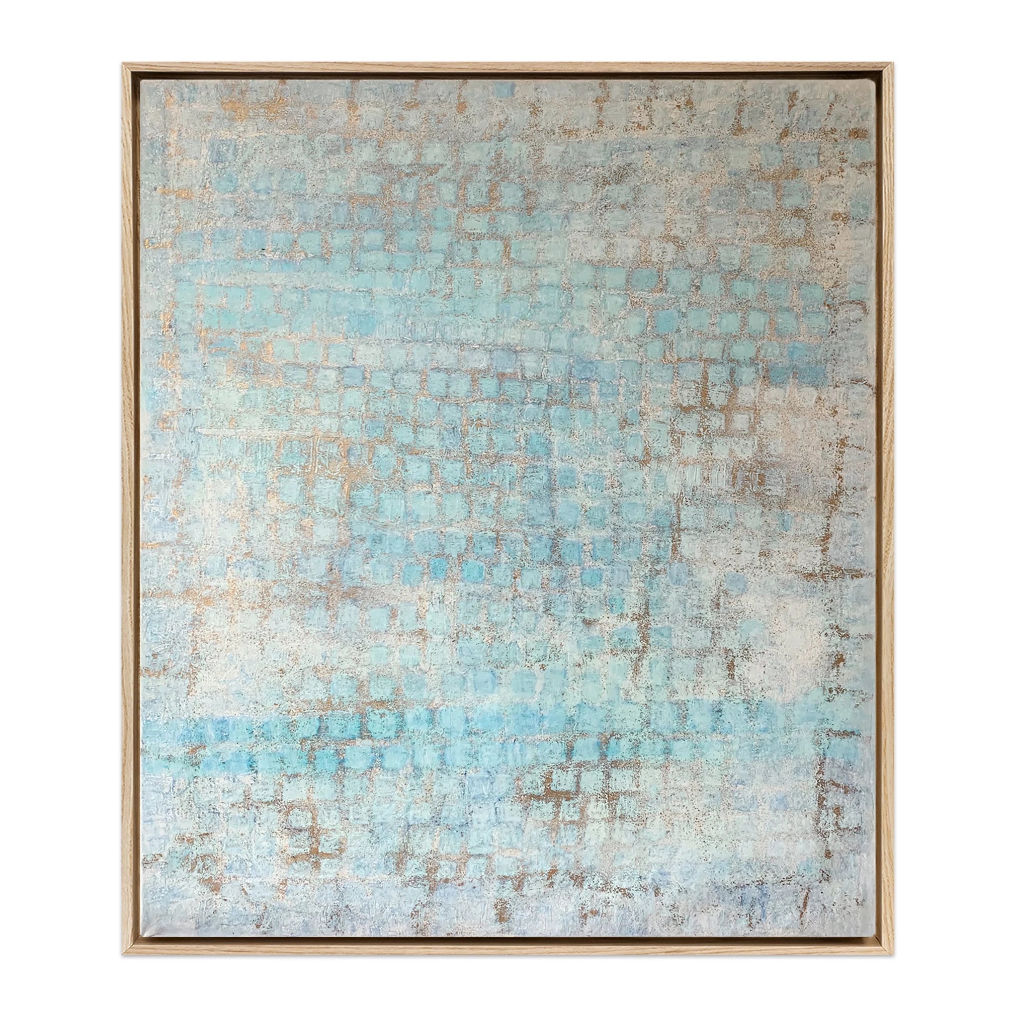 Abstract coastal art print on canvas with turquoise, water blue, and sandy beige tones in a natural wood frame. Venetian Perception by Nadée.