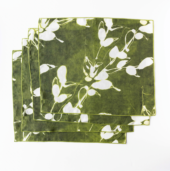 Porto Print Olive linen placemat flat lay close up detail - Goldie Home