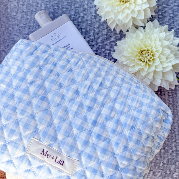 Gingham Blue Make-up Bag Large — blue gingham cotton travel pouch with zip