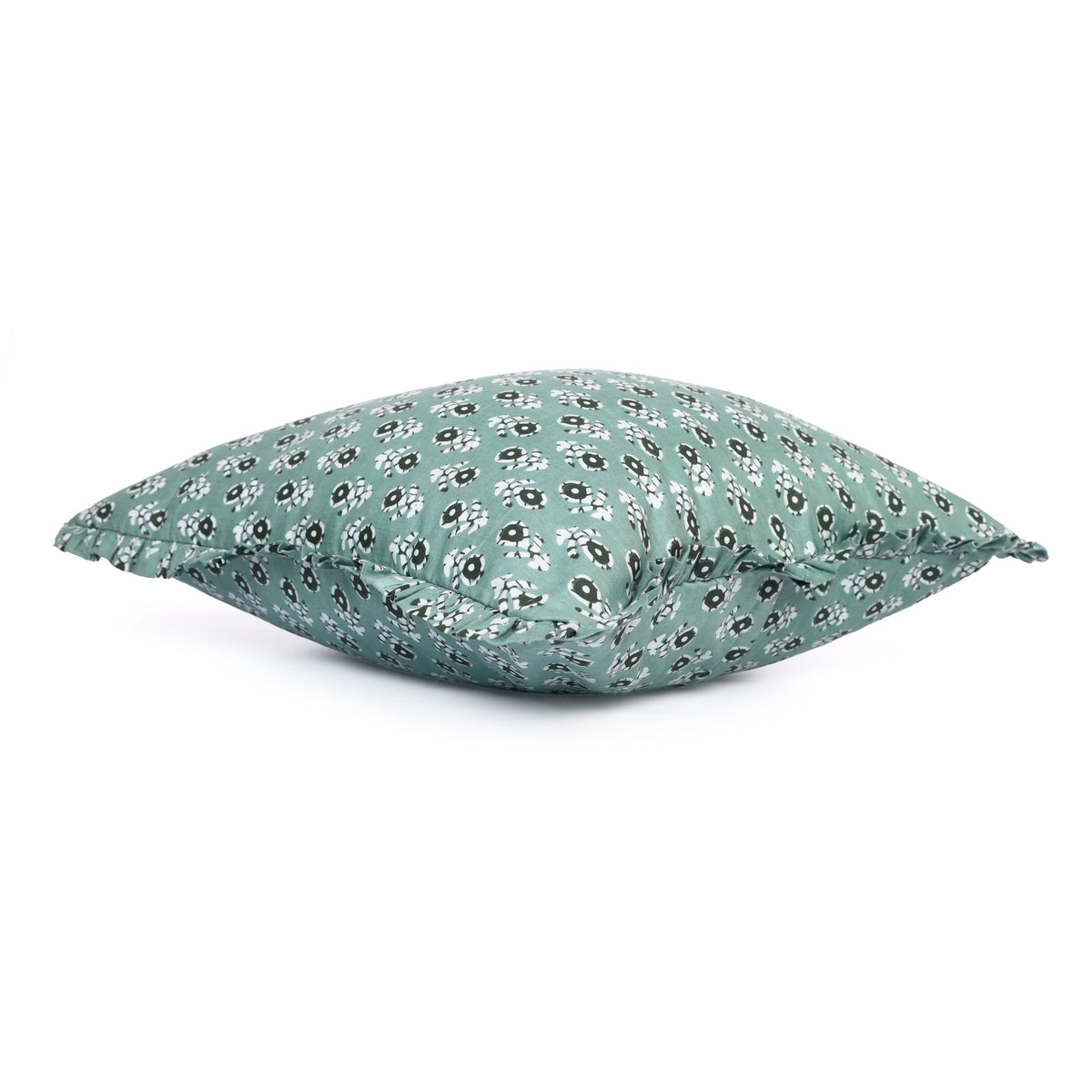 Teal block-printed pillow cover angled view