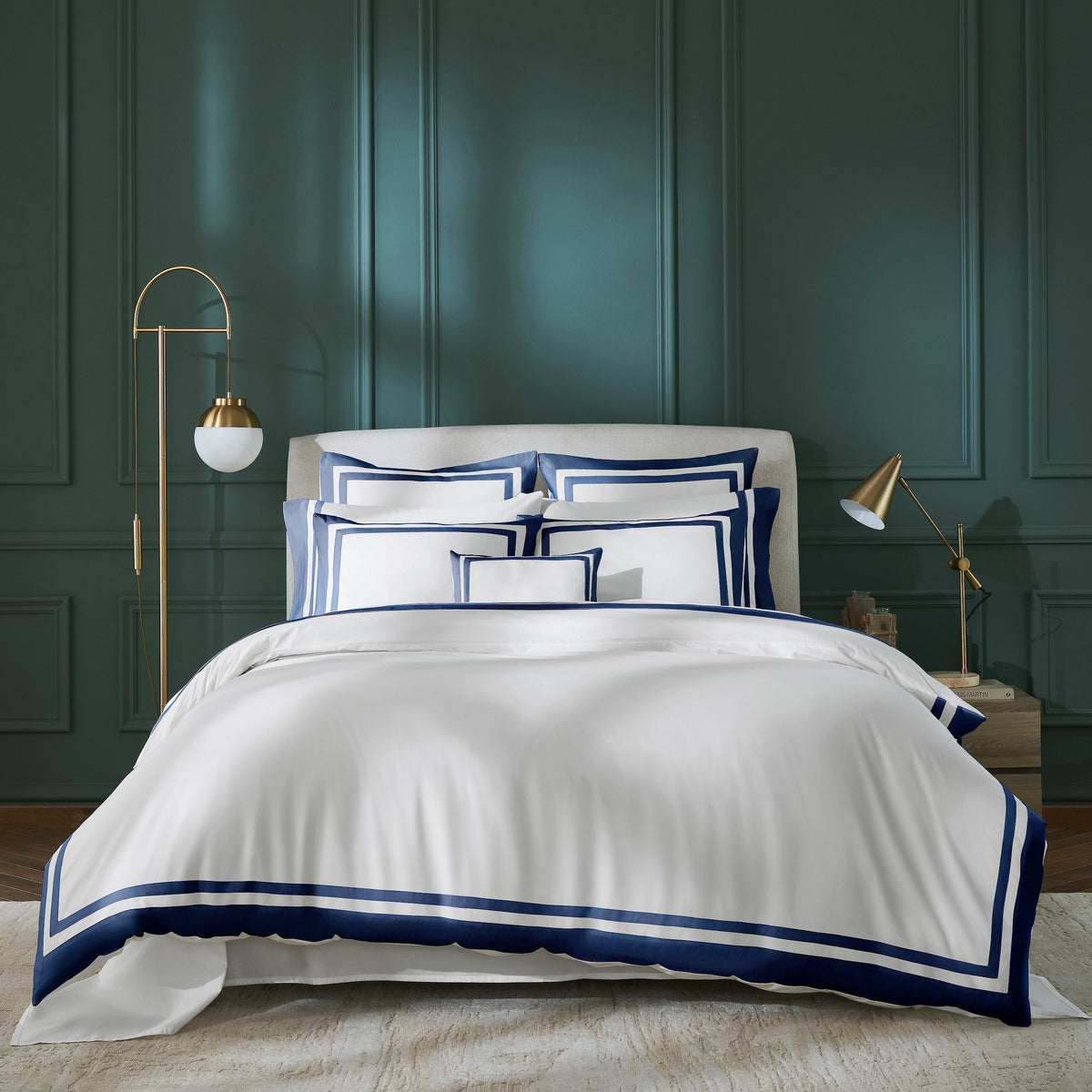 DT-063-6886_2|Detailed view of crisp white duvet cover with light blue striped borders, complementing a luxurious and inviting bedroom aesthetic.