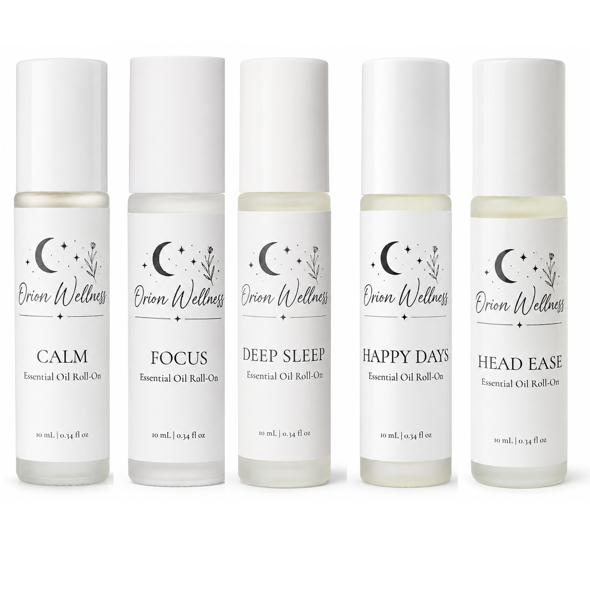 Five Orion Wellness roll-ons: Calm, Focus, Deep Sleep, Happy Days, and Head Ease