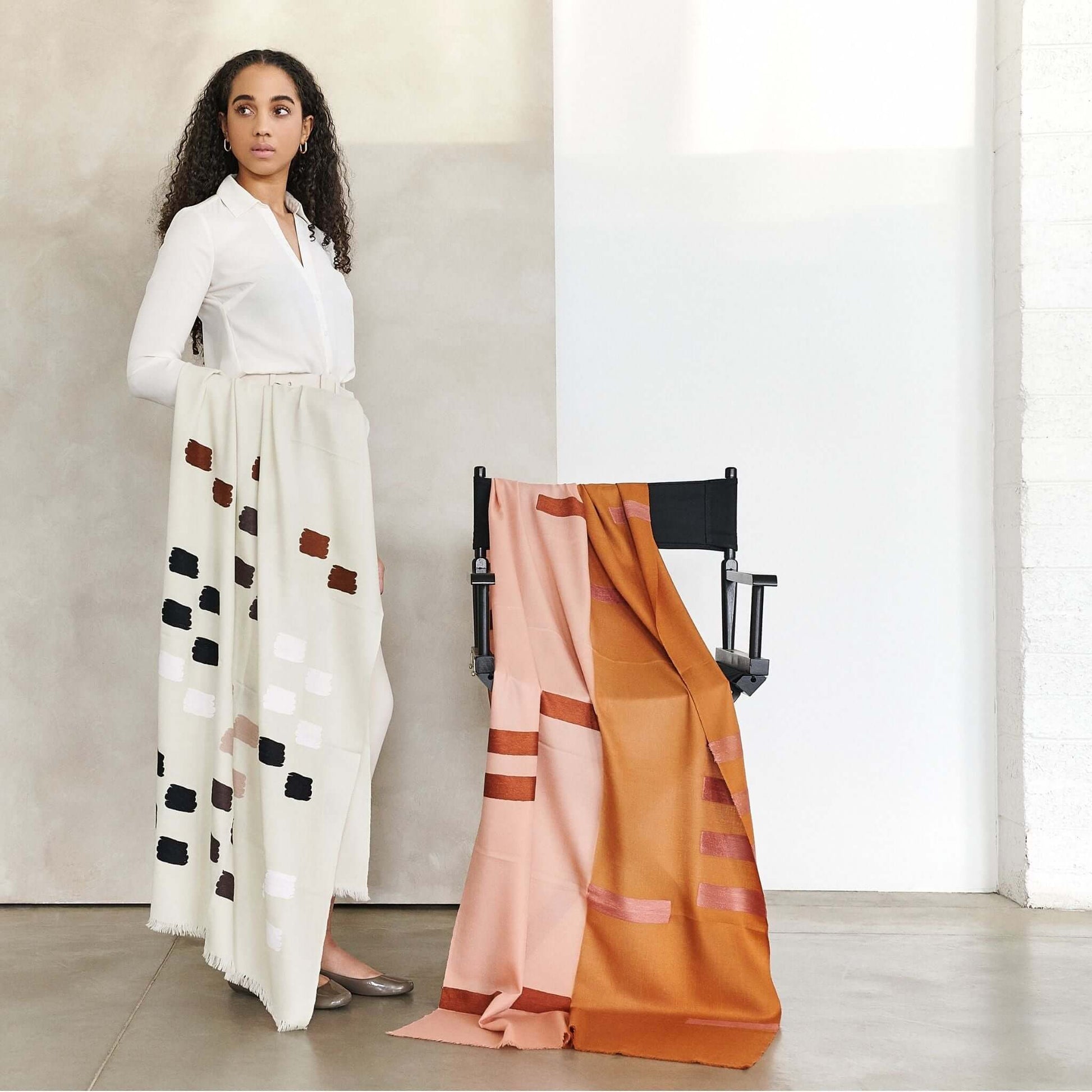 Canyon Hand Embroidered Hand Woven Merino Silk Soft Scarf displayed by model, showcasing its artistic design and craftsmanship.