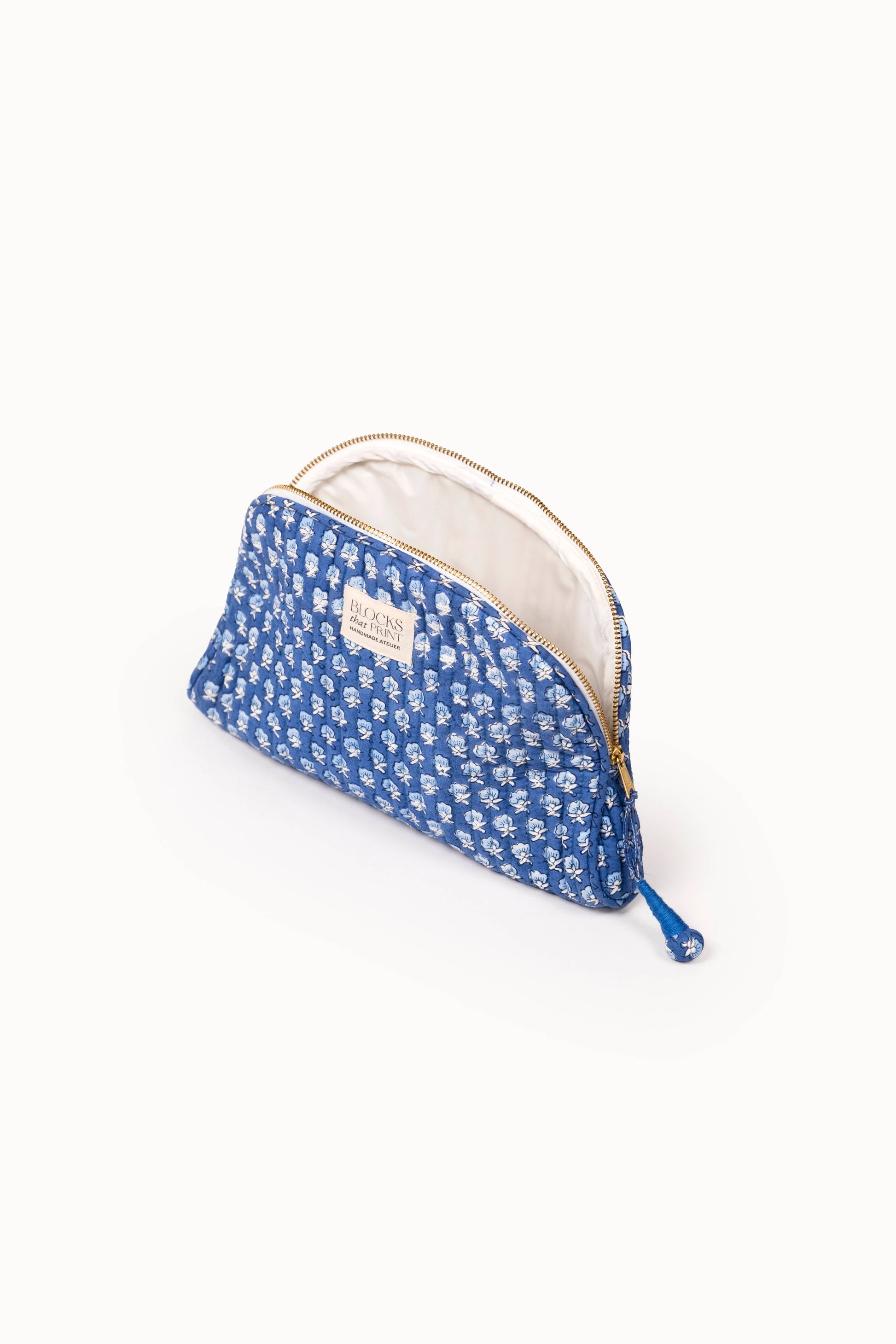 Medium Block Print Quilted Travel Pouch - Parijat Blue