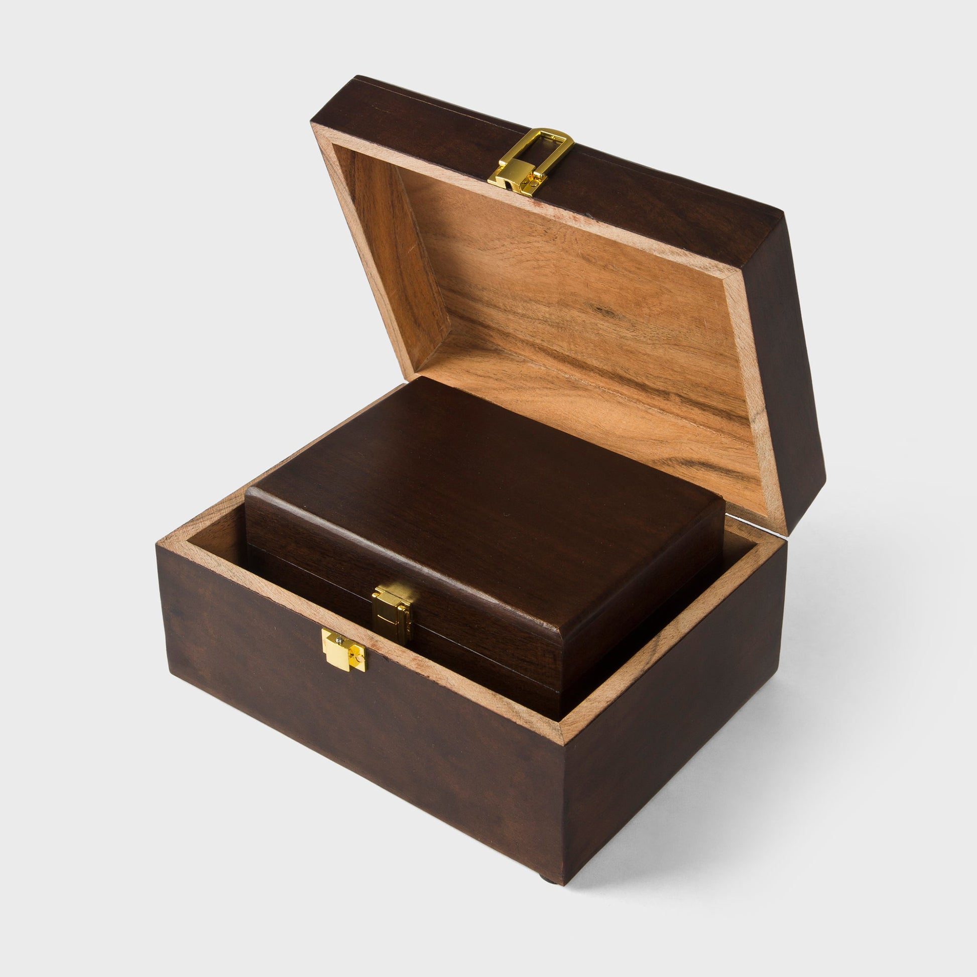 close-up of urban walnut finish and metal latch on acacia wood keepsake box
