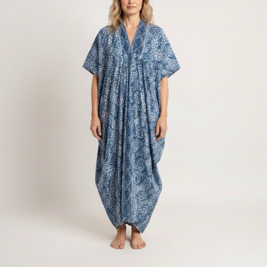 Stone hand-dyed batik cotton kaftan dress, maxi caftan