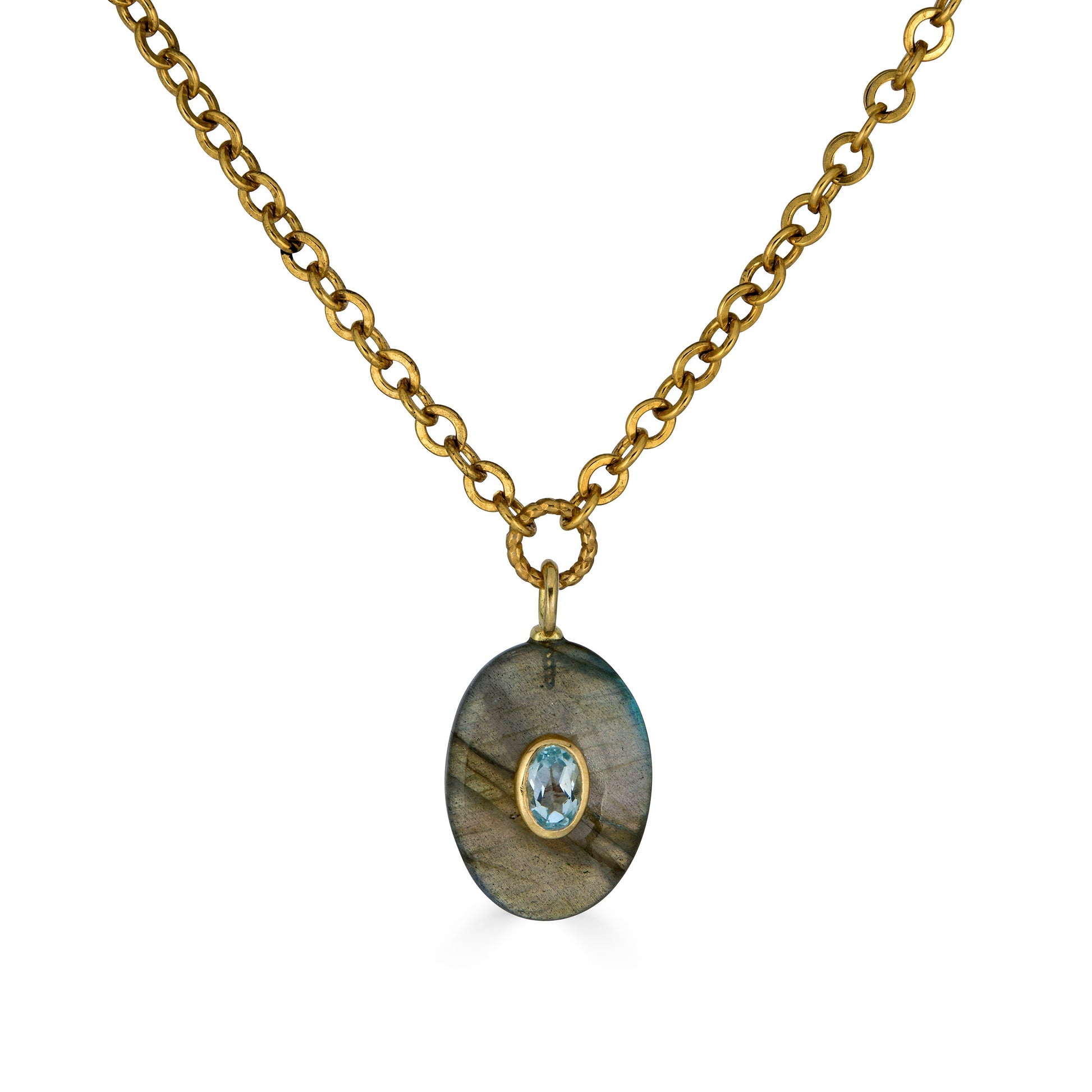 Oval labradorite pendant necklace with blue topaz inlay on a gold chain.