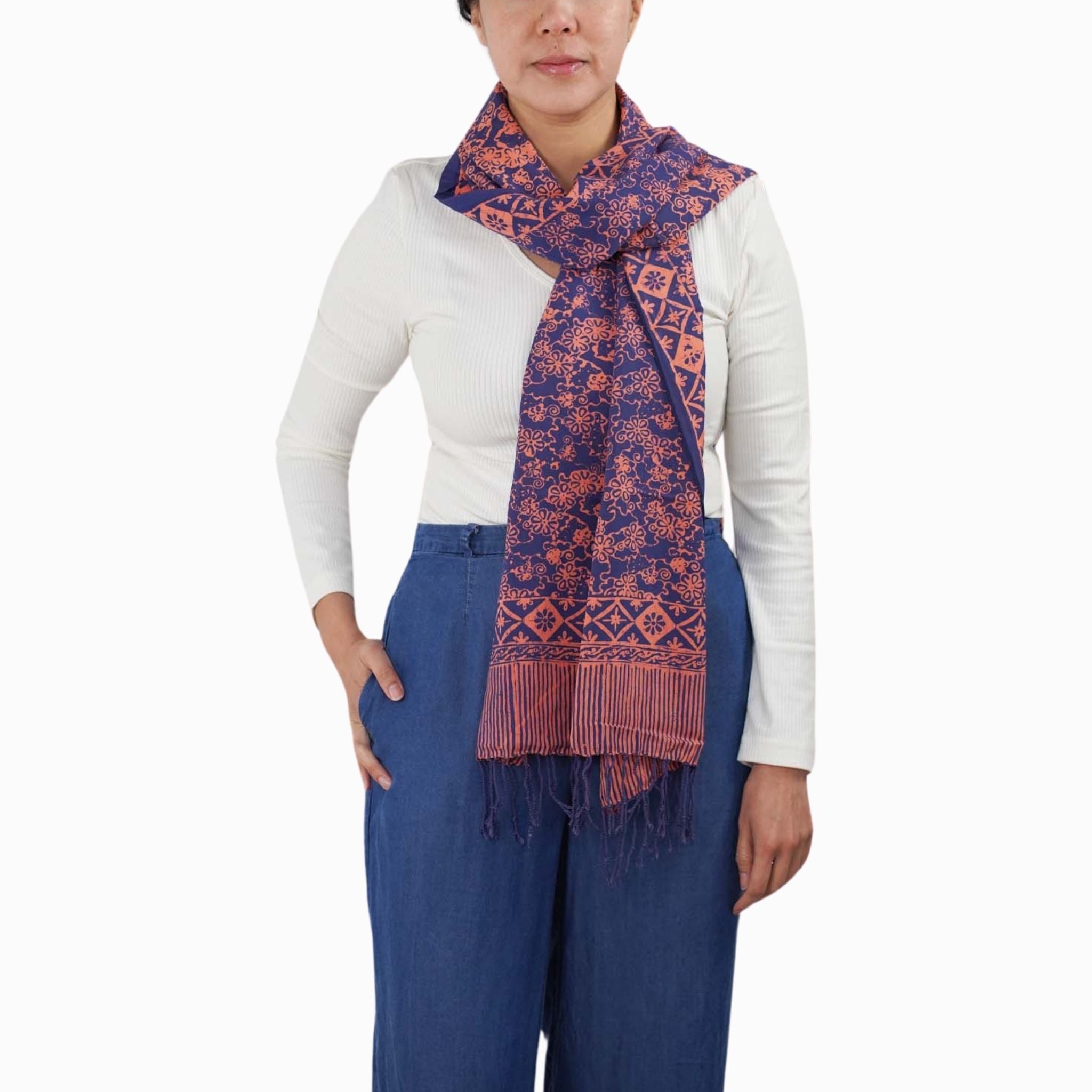Hand Dyed Batik Scarf, Soft Cotton, Mangosteen, Blue, Pink, Fruit, Floral