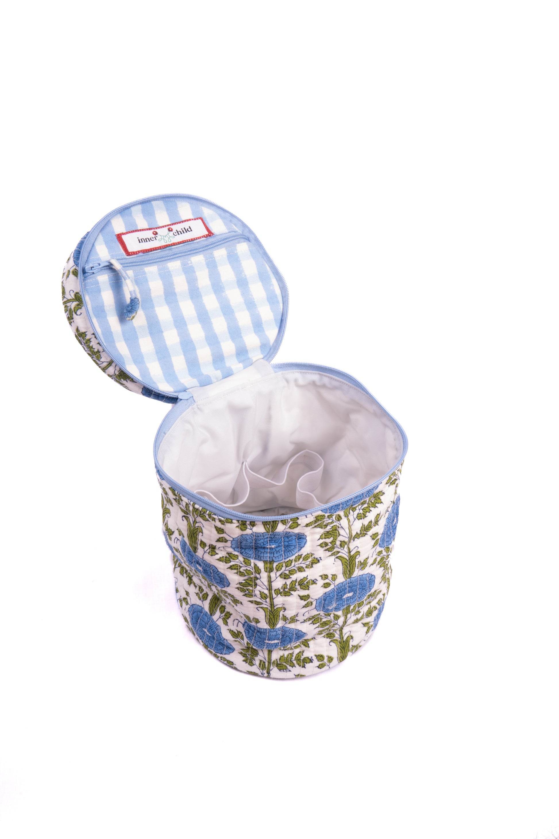 Blue Araminta Round Upright Makeup Bag from Inner Child, open view