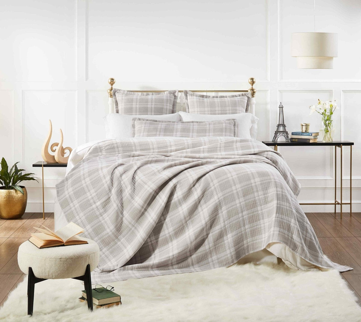 BT-120-11096_1|Elegant bedroom featuring a cozy beige and white plaid quilted blanket, matching pillows, and chic modern decor.
