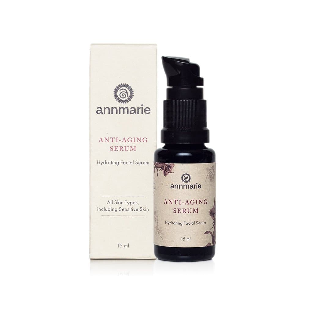 Annmarie Skin Care Anti-Aging Serum hydrating facial serum bottle and box packaging, suitable for all skin types.
