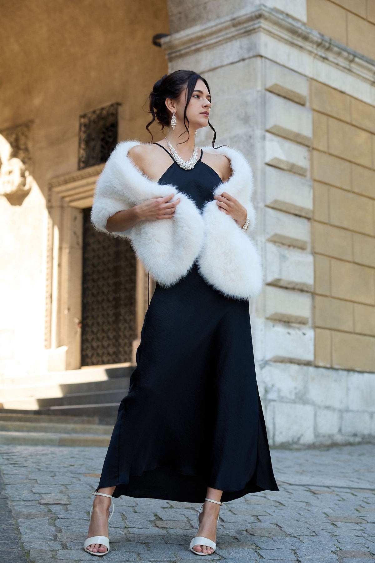 Faux Fur Evening Wrap - White