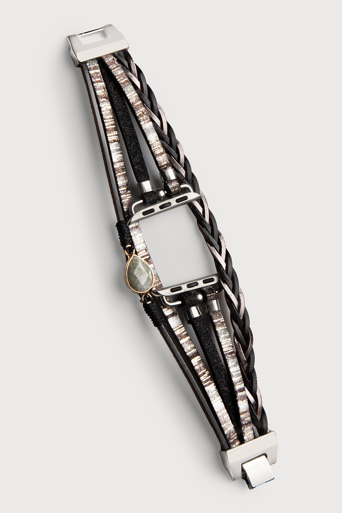 Boho Crystal Leather Apple Band - Black & Grey