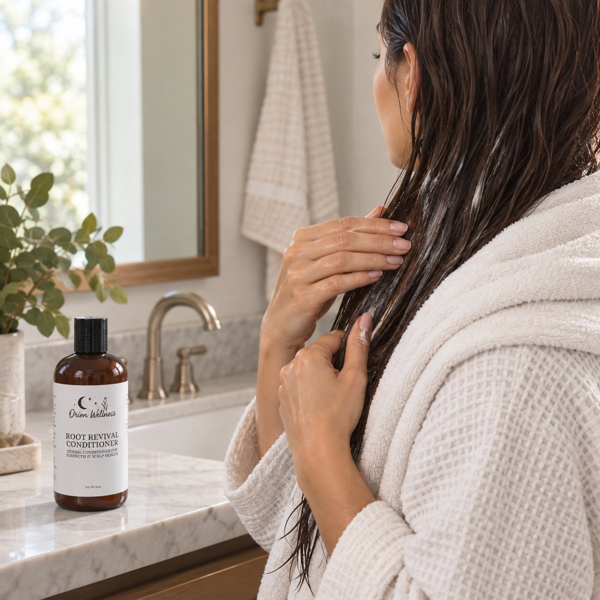 Root Revival Conditioner in use, included in Root Revival Hair Ritual Duo