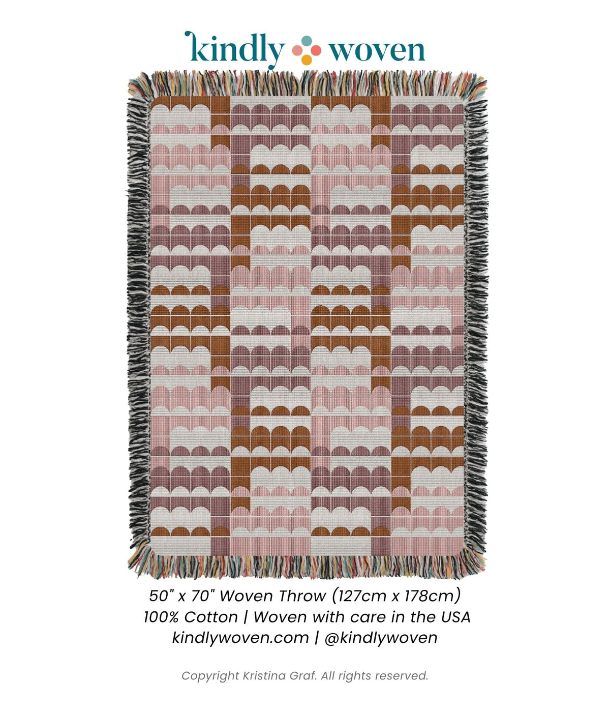 Full view of Quinn Blush pink scallop woven throw blanket with fringe