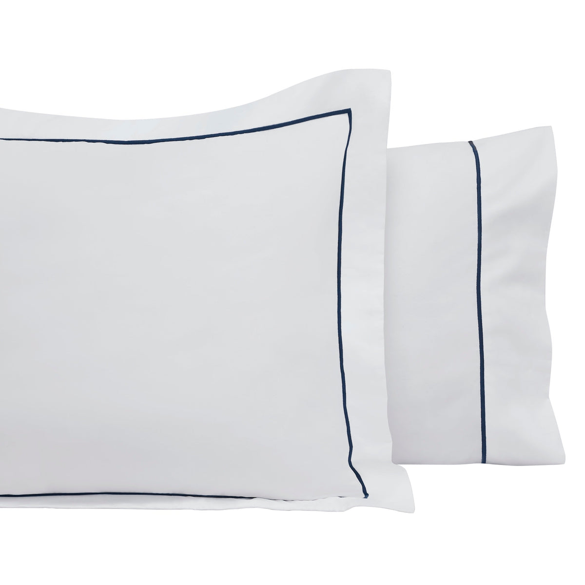ASP-530-2032_1|Two stacked white 100% cotton pillowcases with a refined single light blue piping border. Smooth percale weave.