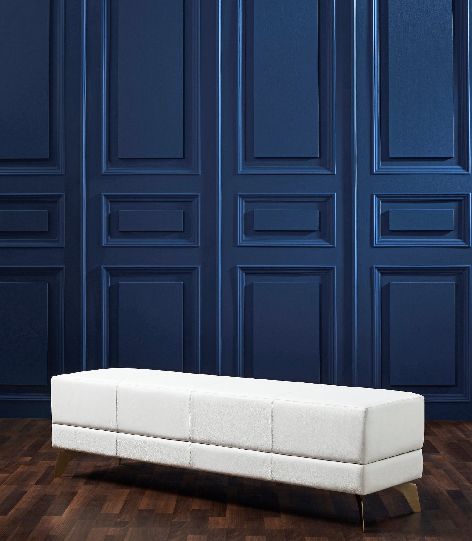 FN-5201-601618_5|Elegant white genuine leather ottoman bench with gold-finished legs, perfect for modern living room or bedroom furniture.