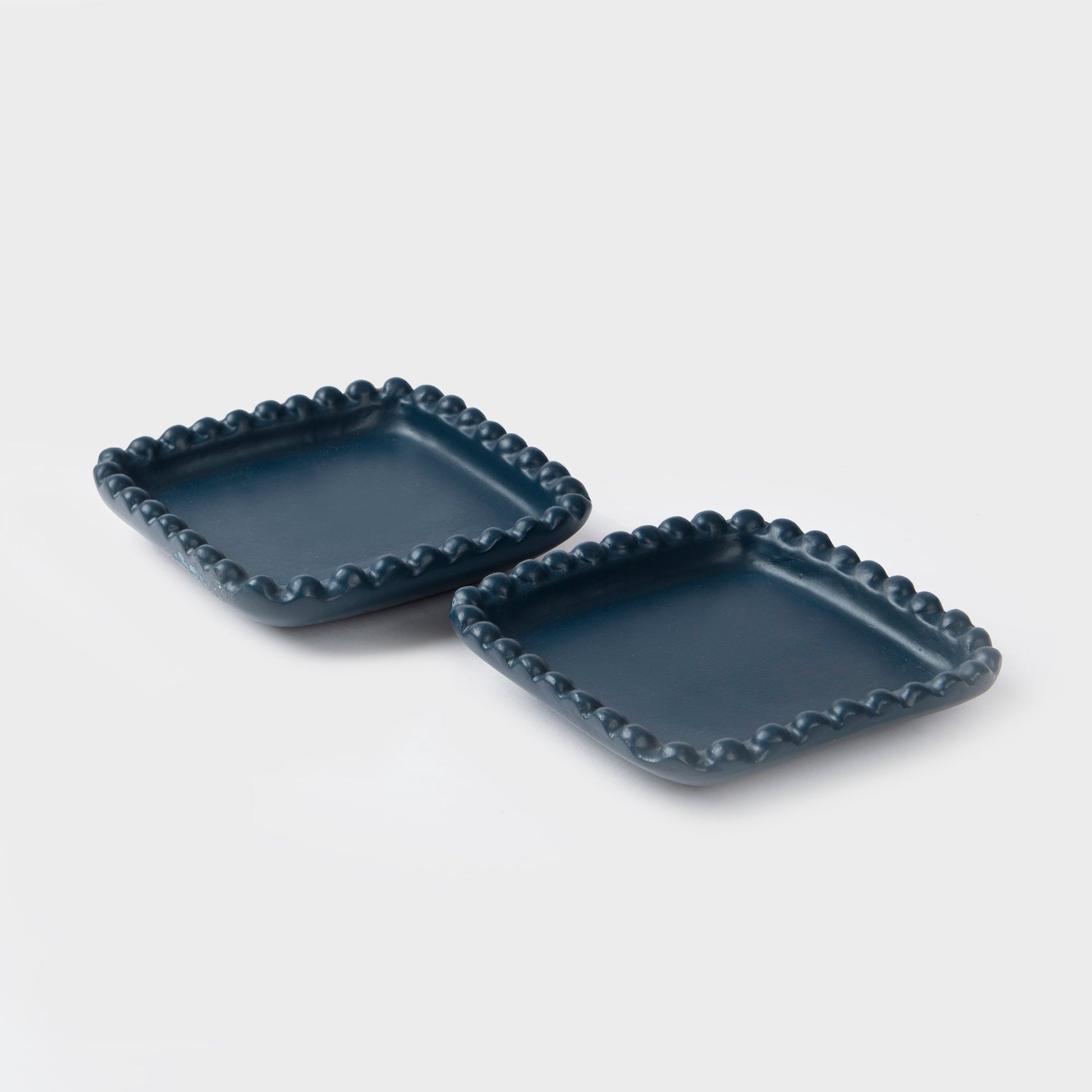 Set of two indigo terracotta trinket trays with beaded edge detailing from Raatriti collection
