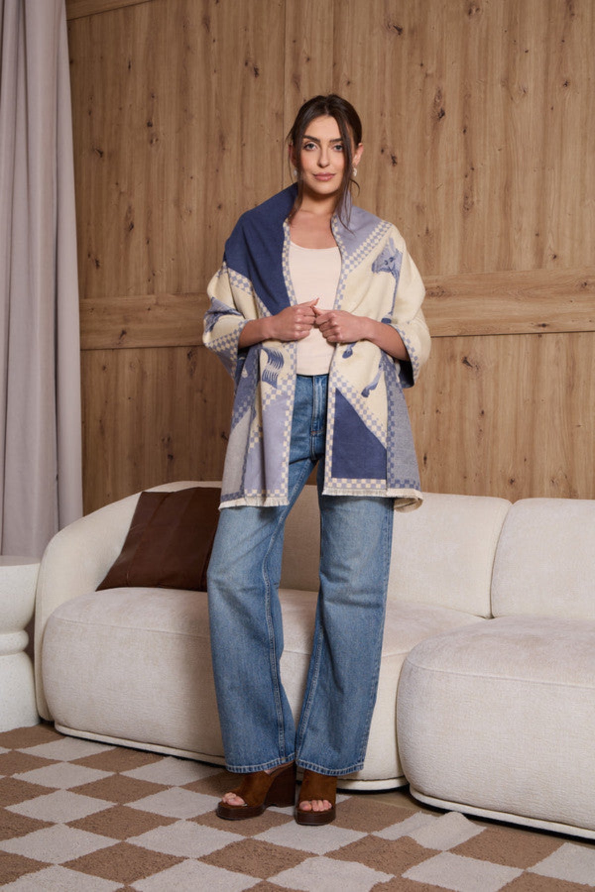 Checkered Equestrian Reversible Scarf - Blue