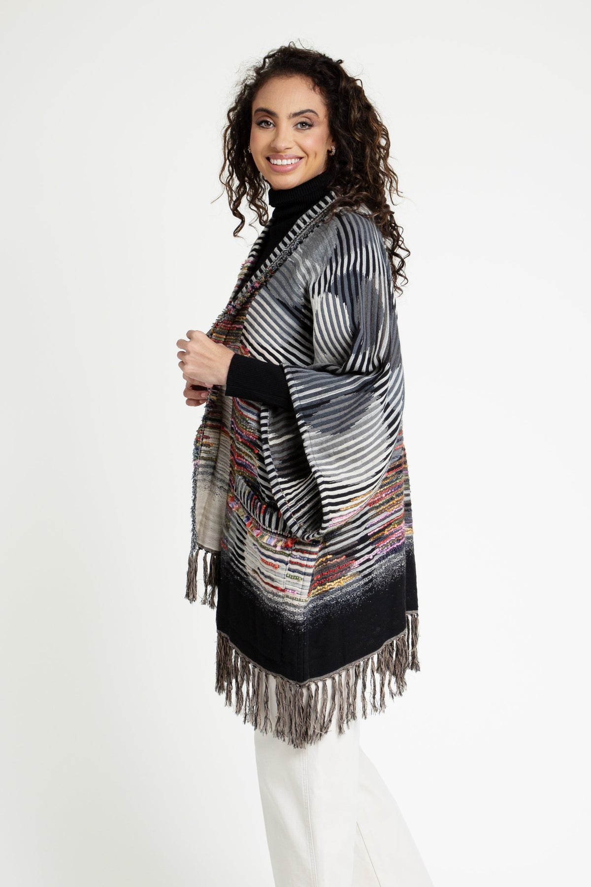 Cotton Fringe Embellished Kimono Jacket - Black