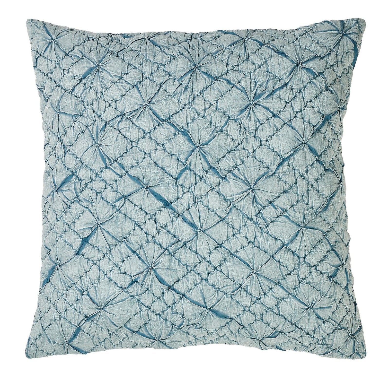 ES-365-2626_1|Serene light blue square quilted cushion, featuring a delicate ruched diamond pattern with central rosettes for elegant comfort.