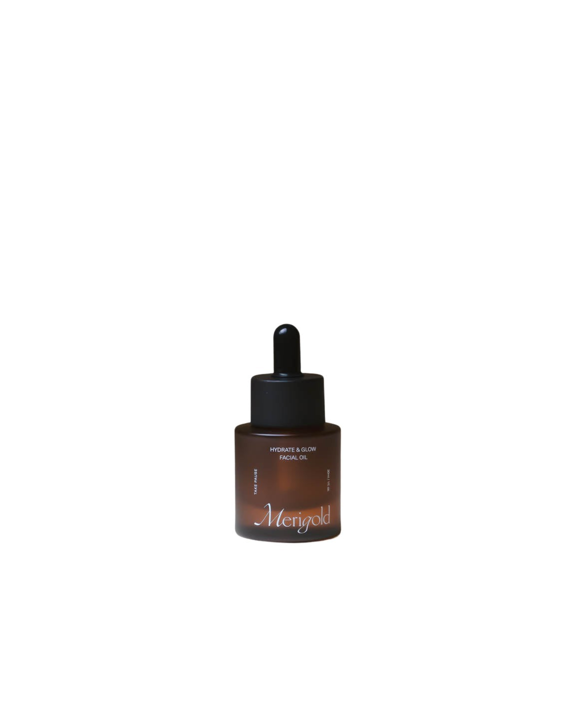 Merigold Hydrate and Glow Facial Oil displayed in amber glass bottles in full size and travel sizes on a neutral background.