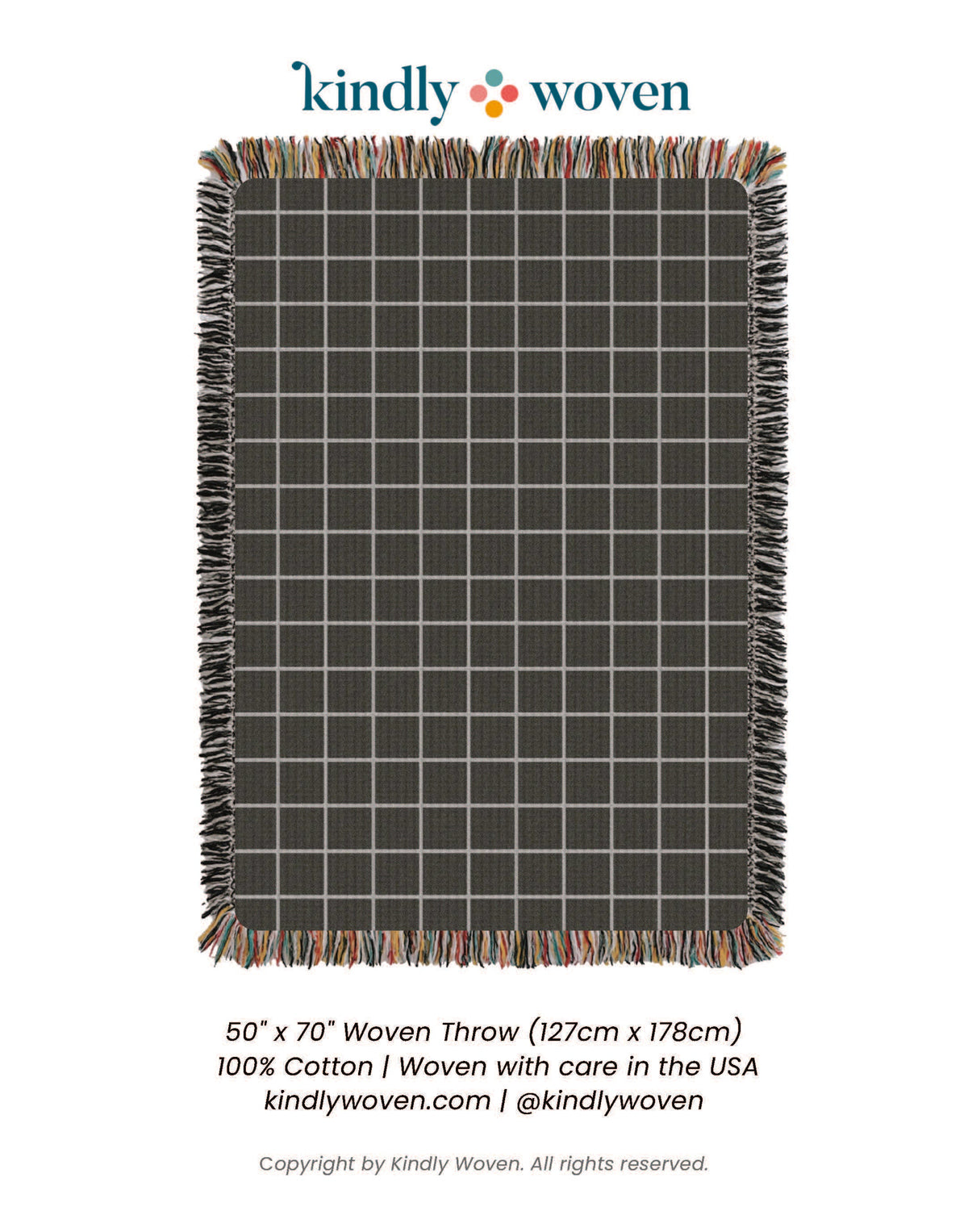 Kindly Woven Greer Nocturne product card showing the full charcoal grid woven throw blanket
